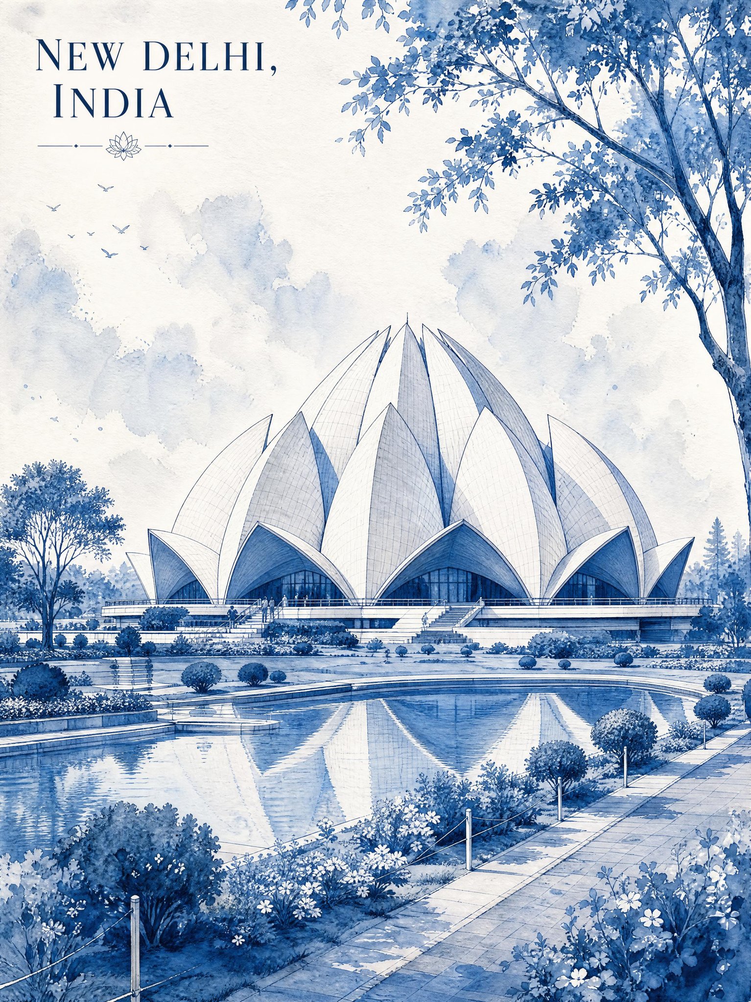 极简复古单色水彩新德里莲花寺插画 / Minimalist Vintage Watercolor Lotus Temple New Delhi,海报与插画,海报、插画、城市视觉,案例输出图 1