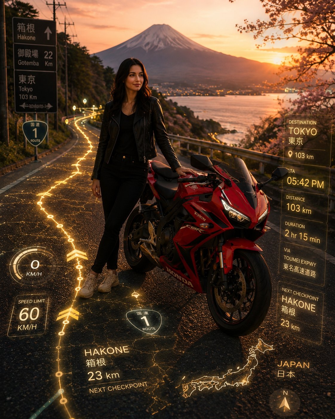 日本山路红色跑车电影级冒险旅行海报 / Red Sports Bike Cinematic Adventure Japan Highway Ar，UI 与社交媒体截图，电影感、海报、UI，案例输出图 1