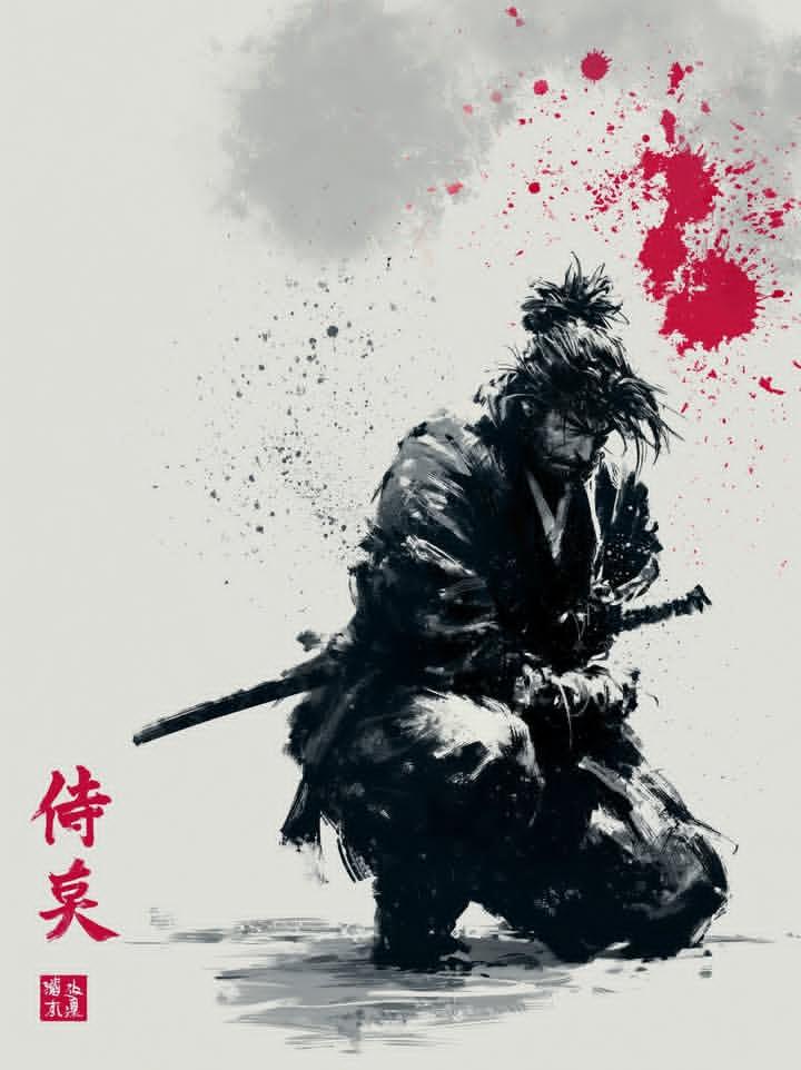 传统日式水墨风浪人武士背影 / Traditional Japanese Sumie Samurai Ink Painting,角色设计,角色、极简、竖版,案例输出图 1