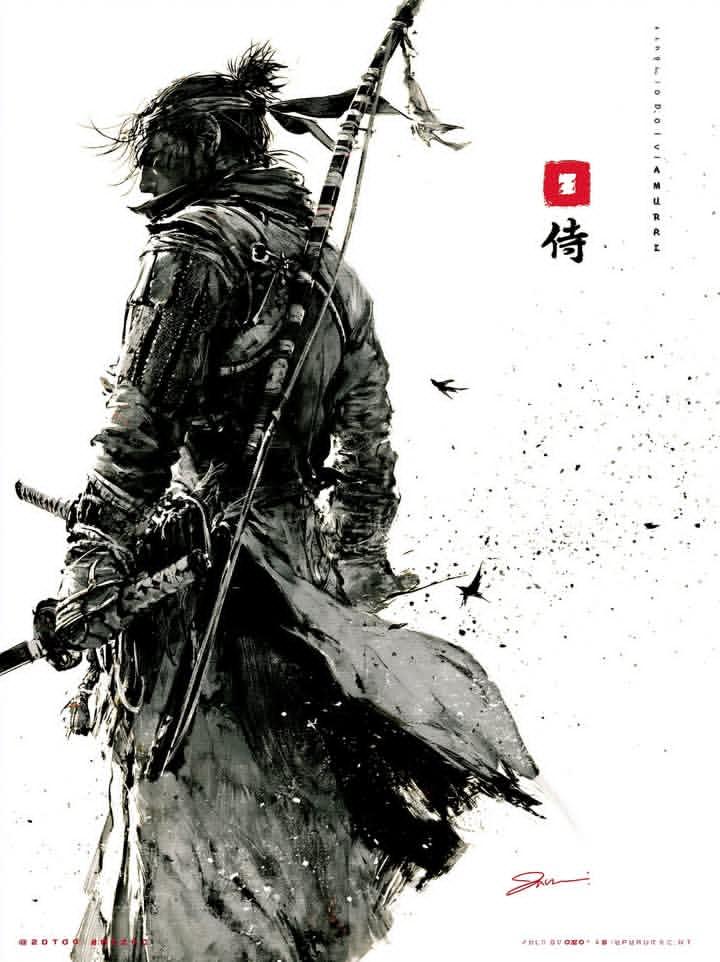 传统日式水墨风浪人武士背影 / Traditional Japanese Sumie Samurai Ink Painting，角色设计，角色、极简、竖版，案例输出图 2