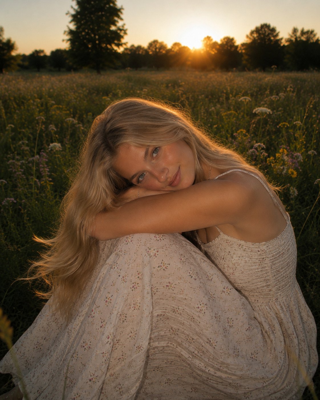 金色时刻野花草地超写实人像 / Ultra Realistic Golden Hour Wildflower Portrait，人像与摄影，人像、电影感、时尚，案例输出图 2