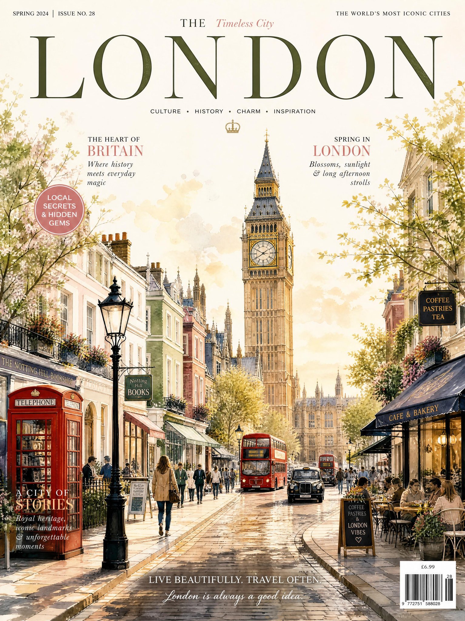 伦敦永恒之城复古豪华旅行杂志封面 / Vintage London Travel Magazine Cover Watercolor,人像与摄影,人像、电影感、时尚,案例输出图 1
