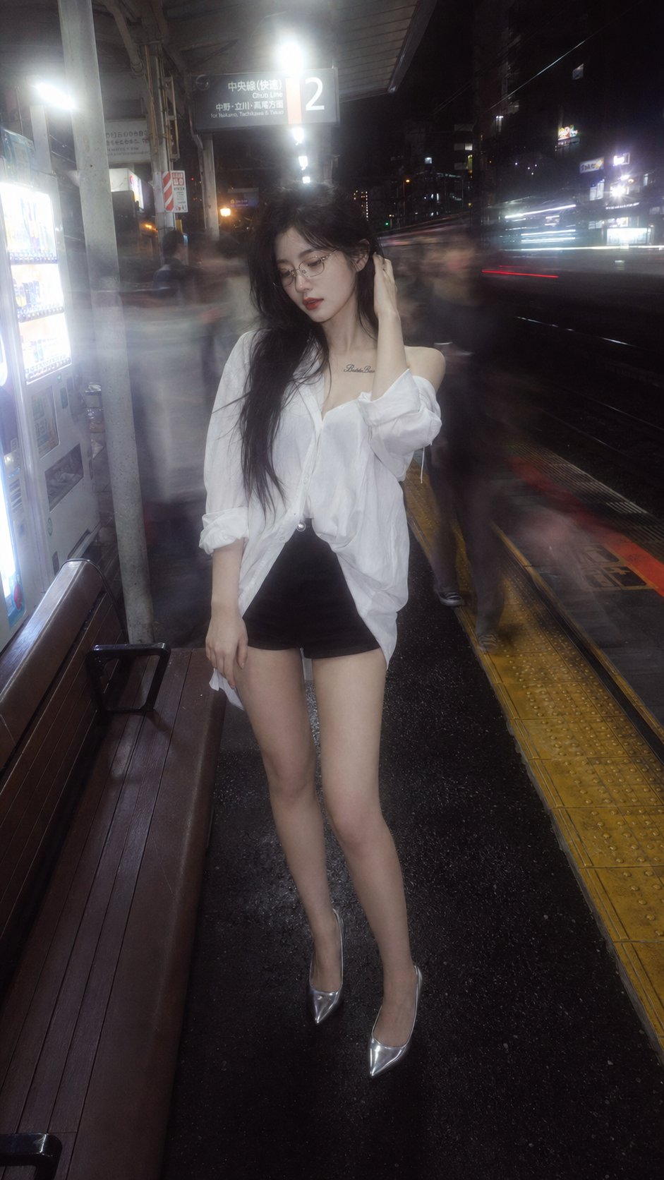 日本偶像风深夜车站人像摄影 / Japanese Idol Style Late Night Station Portrait,人像与摄影,35mm、人像、电影感,案例输出图 1