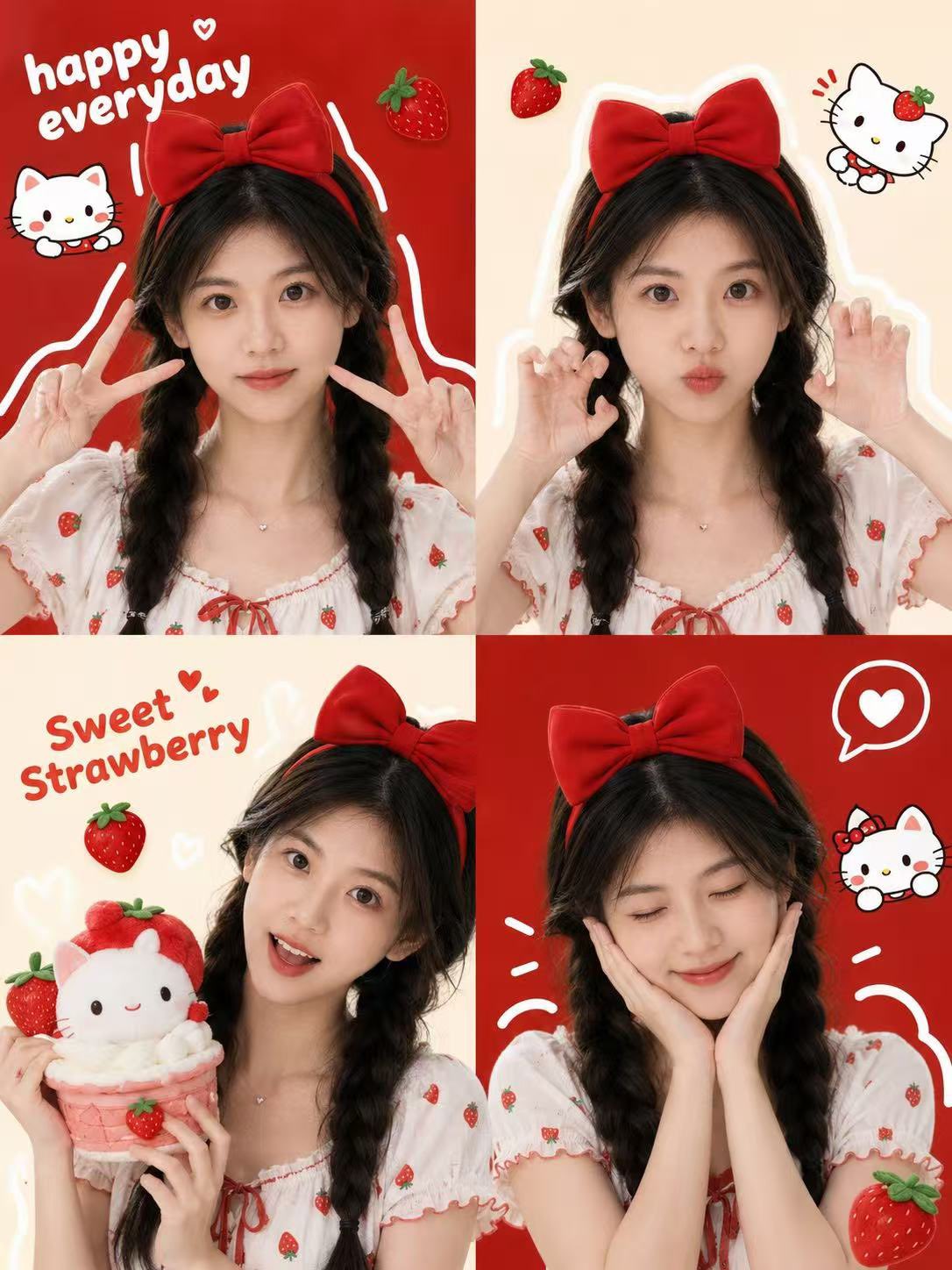 甜美草莓主题四格可爱大头贴海报 / Sweet Strawberry Kawaii Photo Booth Collage Poster，角色设计，人像、时尚、海报，案例输出图 1