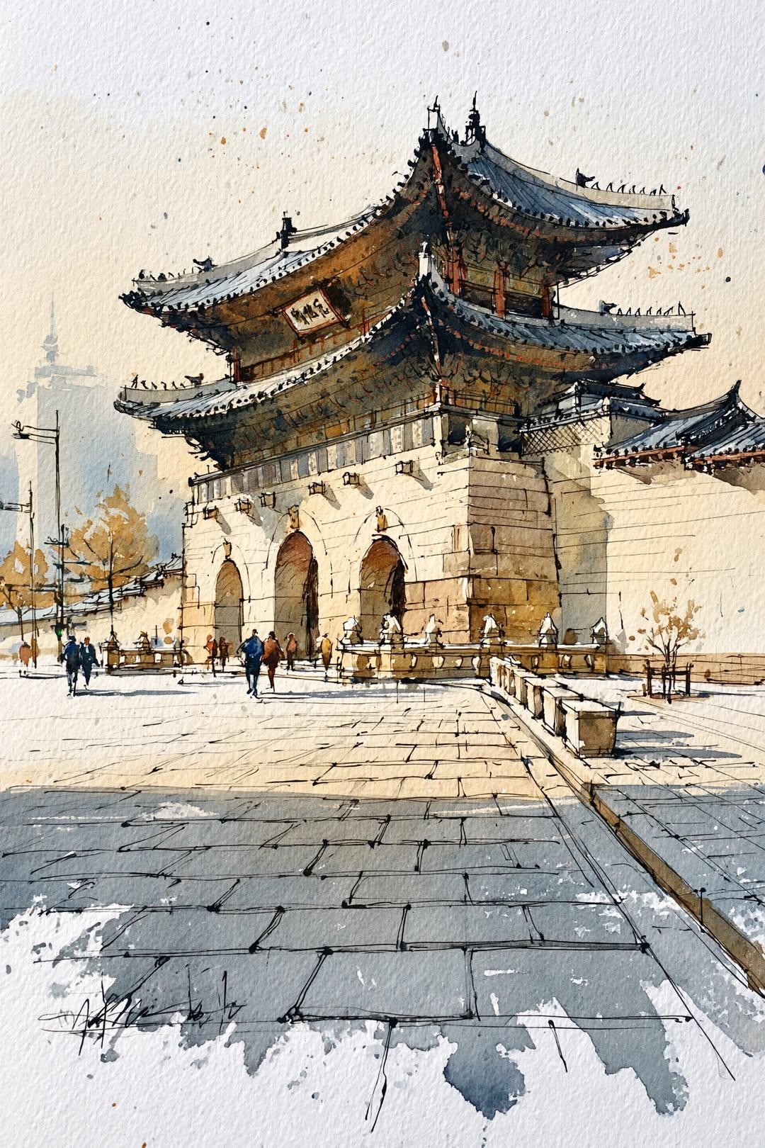 传统韩国韩屋村街道水彩建筑速写 / Traditional Korean Hanok Village Watercolor Sketch,海报与插画,海报、插画、城市视觉,案例输出图 1