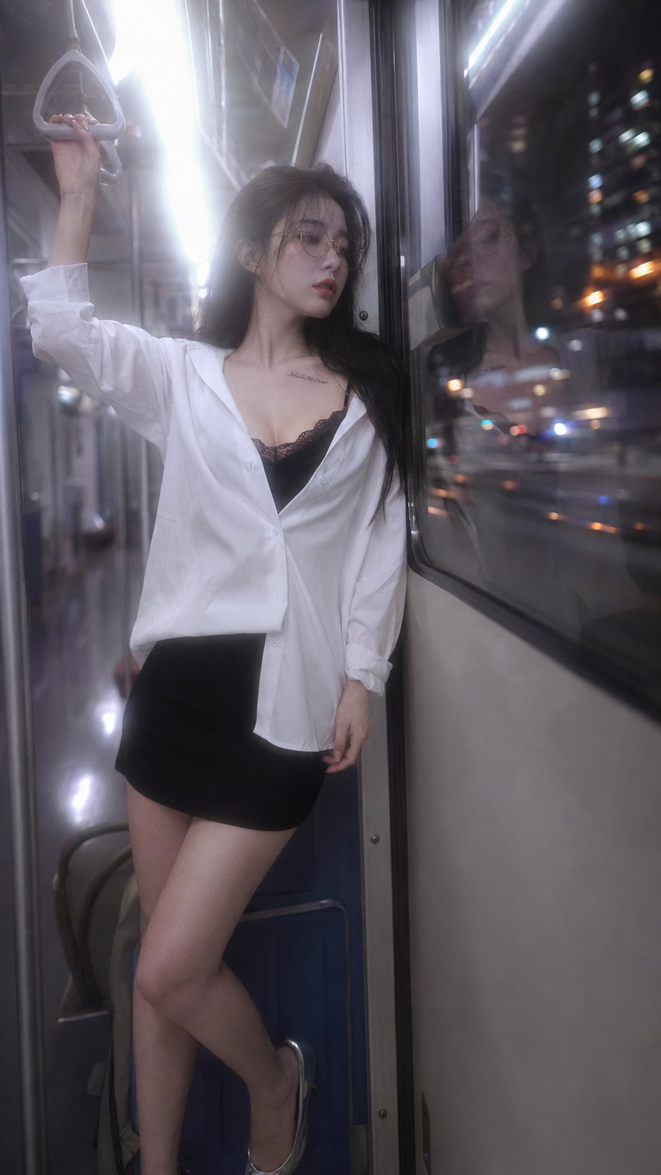 日系写真深夜末班车中国网红少女 / Japanese Idol Fashion Late Night Train Portrait,人像与摄影,35mm、人像、电影感,案例输出图 1