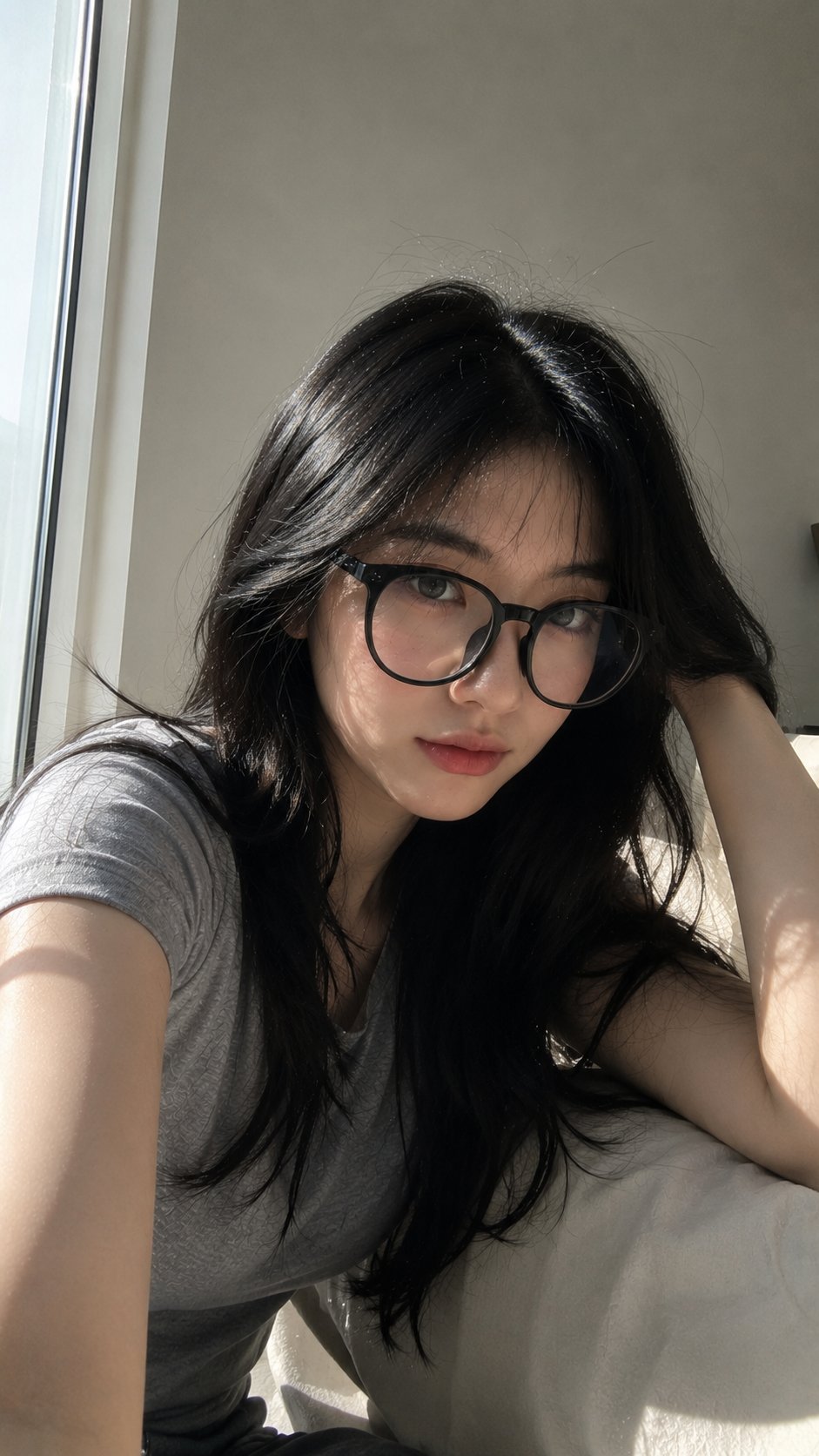 窗边阳光下的东亚女性写实手机自拍 / Ultra Photorealistic East Asian Woman Smartphone Selfie,角色设计,人像、电影感、时尚,案例输出图 1
