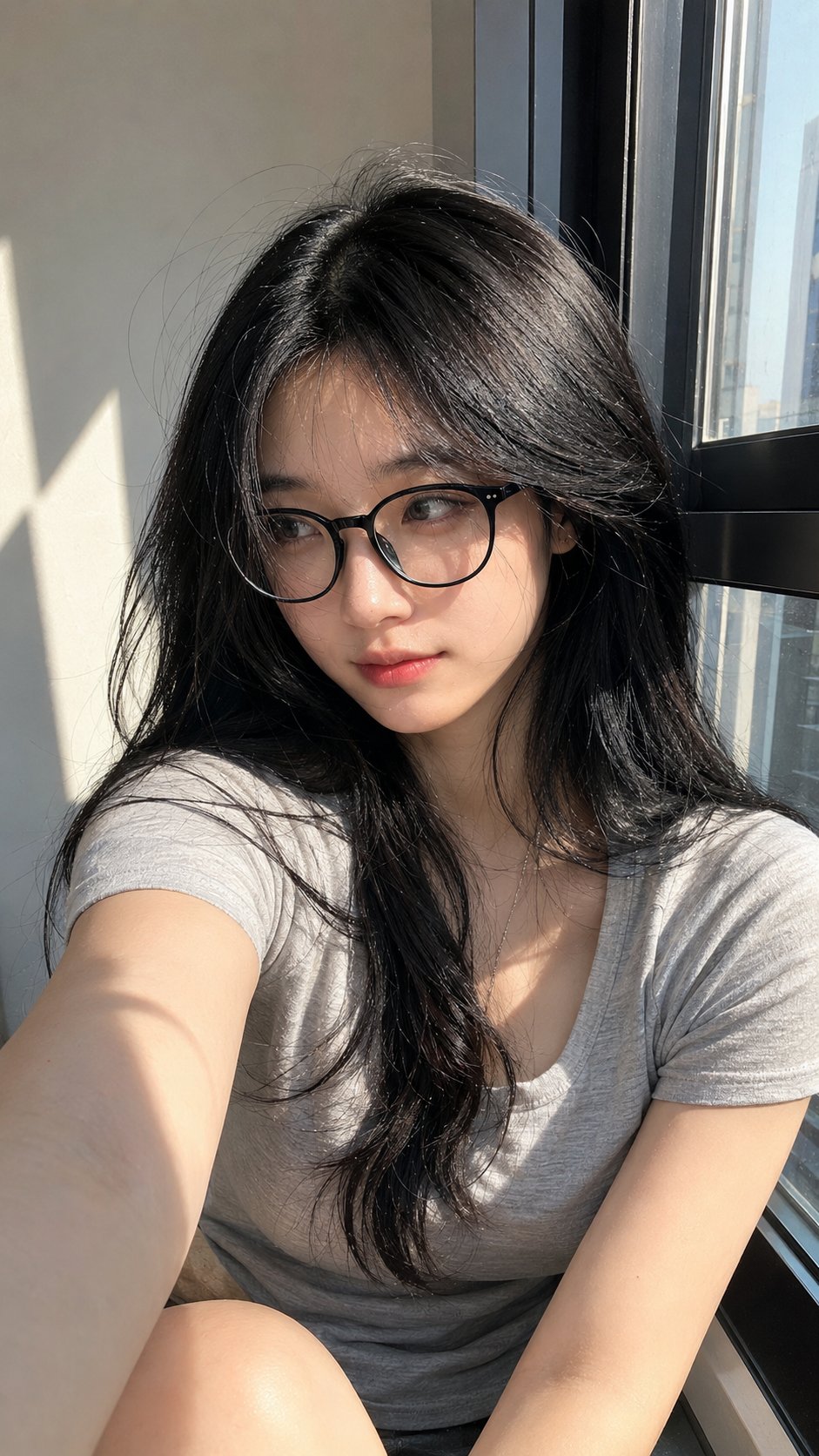 窗边阳光下的东亚女性写实手机自拍 / Ultra Photorealistic East Asian Woman Smartphone Selfie，角色设计，人像、电影感、时尚，案例输出图 2