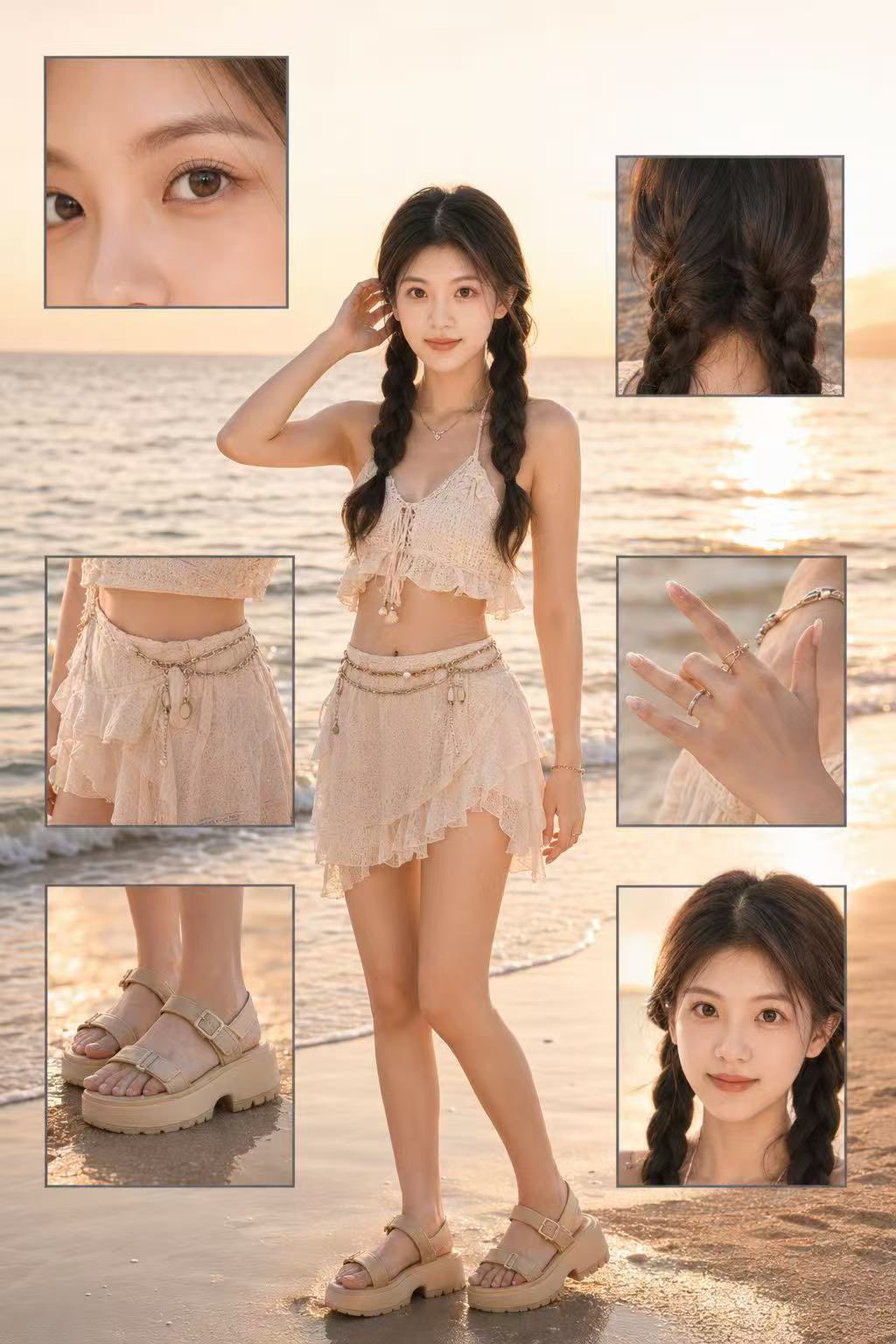 黄金时段海滩高端时尚杂志排版海报 / High End Vertical Fashion Editorial Beach Poster,角色设计,人像、电影感、时尚,案例输出图 1