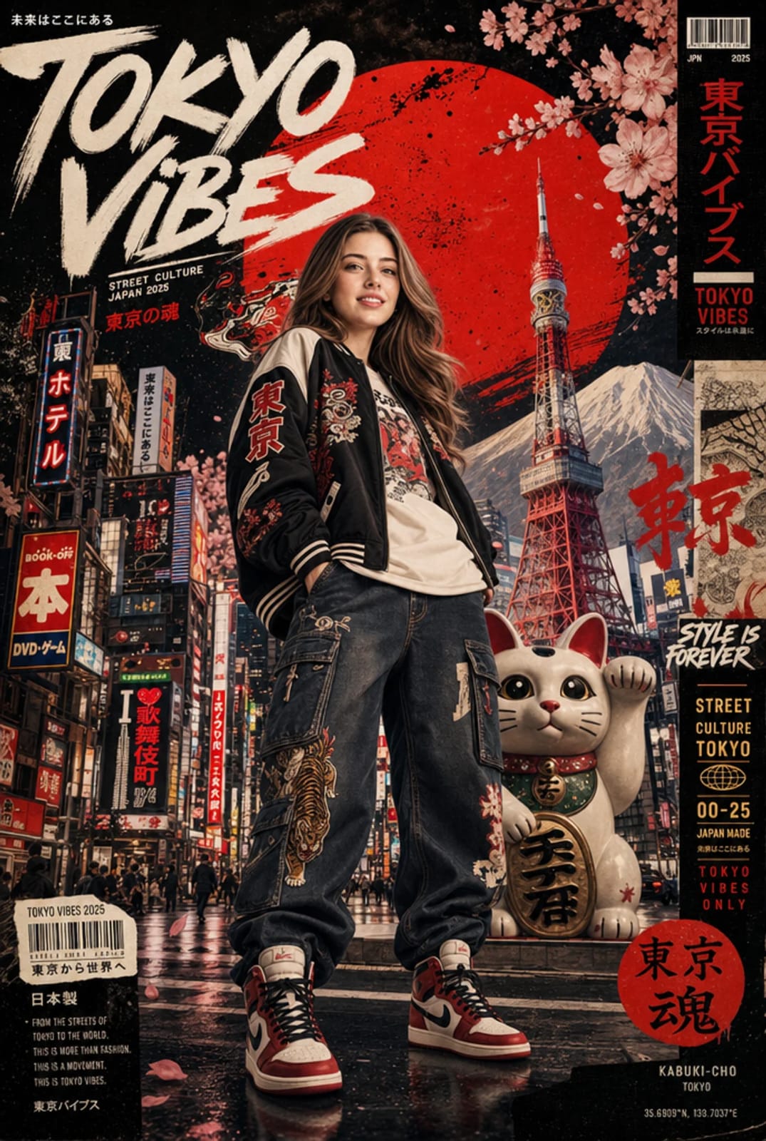 超精细日式街头潮流海报南亚女性东京街景 / Ultra Detailed Japanese Streetwear Fashion Poster Tokyo Vibes,角色设计,35mm、霓虹、电影感,案例输出图 1