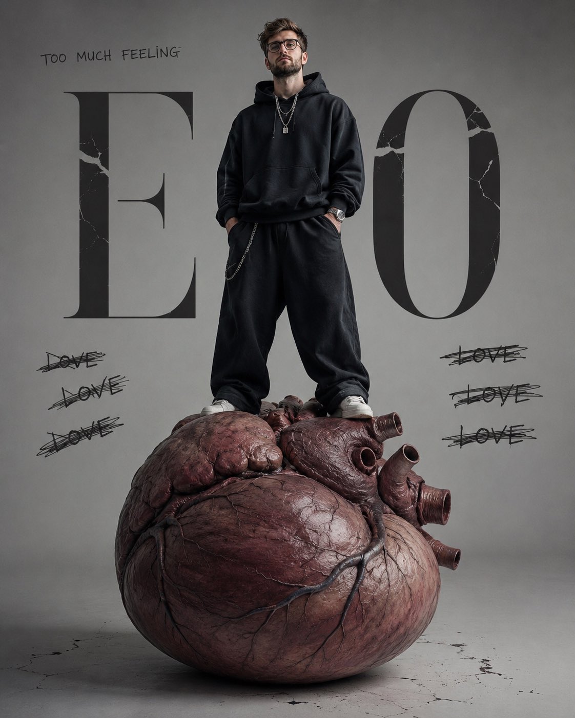 站在巨大心脏上的黑衣少年时尚概念肖像 / Ultra Realistic Young Man Heart Conceptual Portrait,人像与摄影,人像、电影感、时尚,案例输出图 1