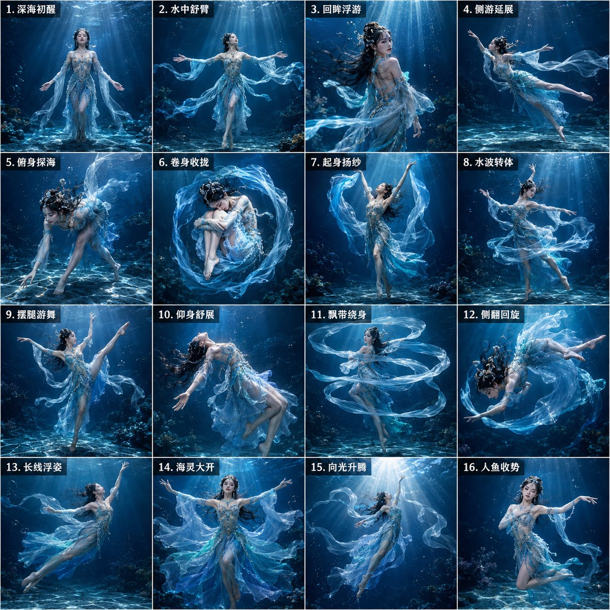 深海人鱼姬舞16宫格分镜故事板 / Deep Sea Mermaid Princess Dance Storyboard Prompt,角色设计,电影感、海报、插画,案例输出图 1