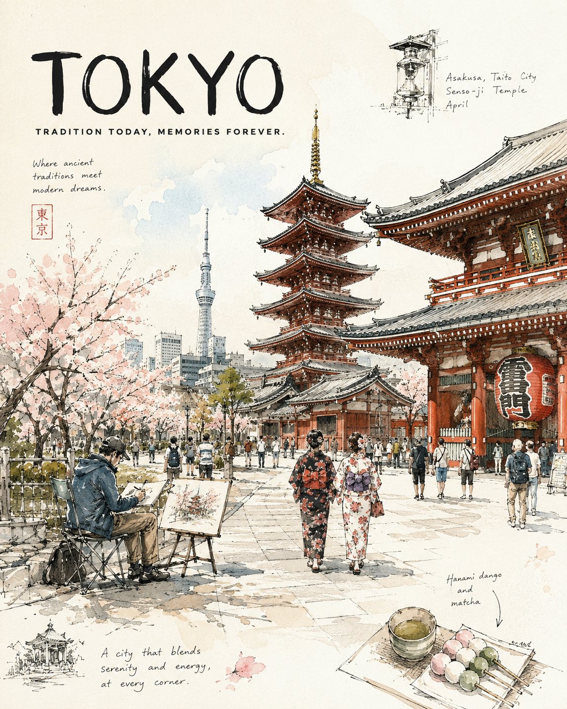 城市速写风格旅行日志插画海报 / Urban Sketch Travel Journal Poster Prompt,海报与插画,海报、插画、城市视觉,案例输出图 1