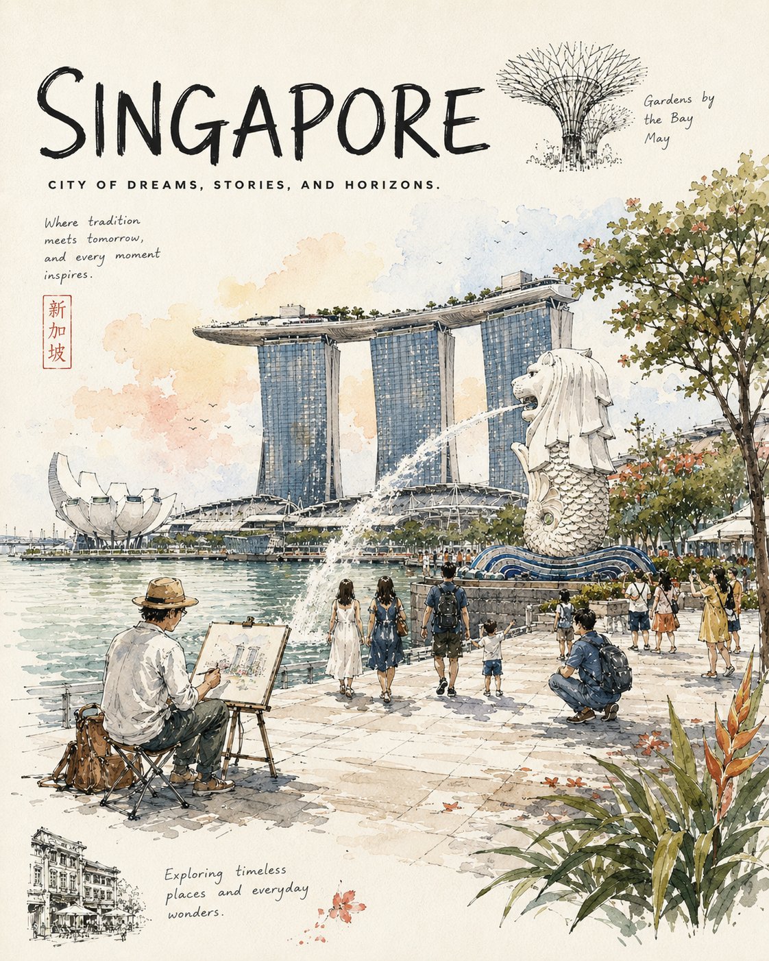 城市速写风格旅行日志插画海报 / Urban Sketch Travel Journal Poster Prompt，海报与插画，海报、插画、城市视觉，案例输出图 2