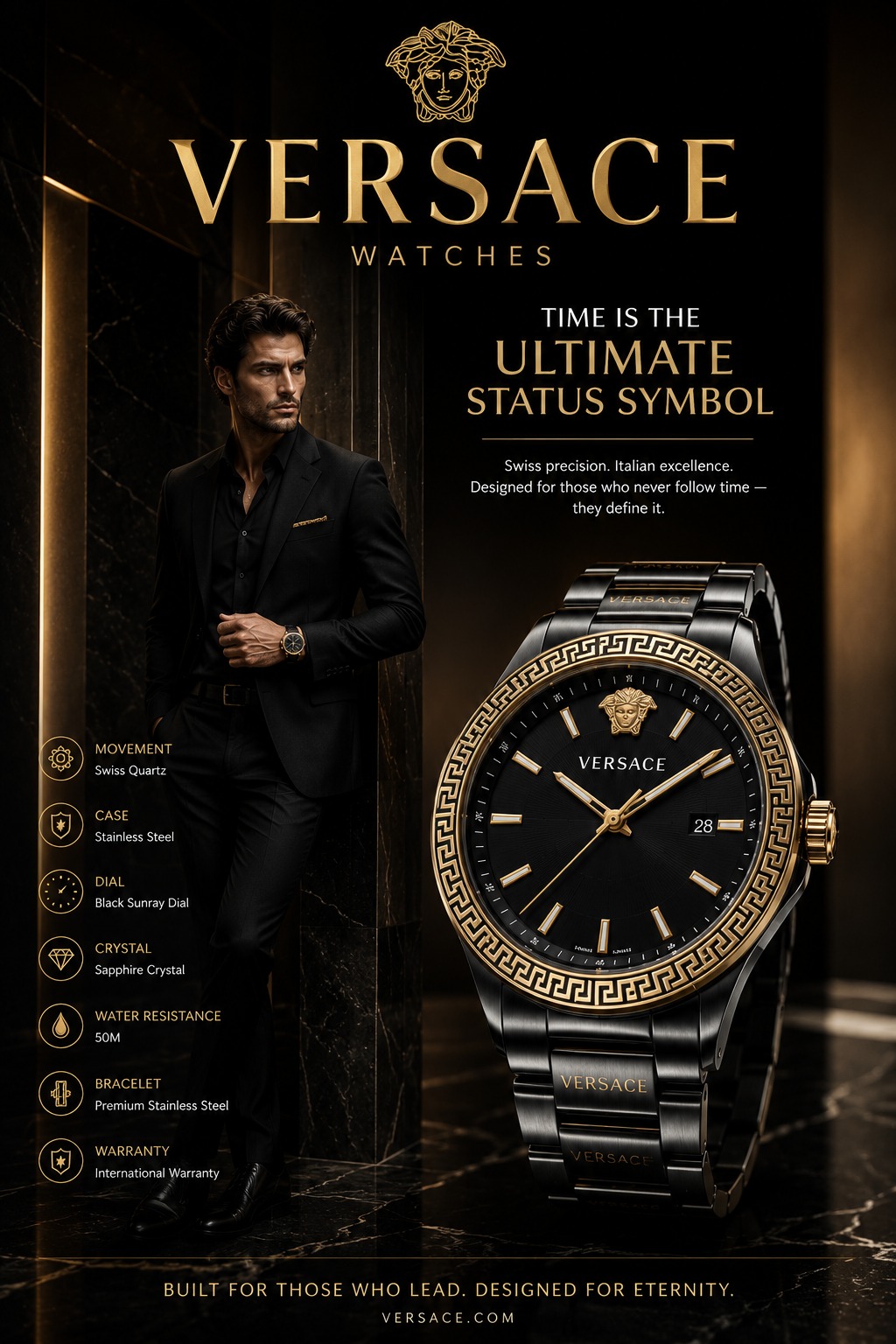 范思哲男士高级奢华腕表广告海报 / Versace Mens Luxury Analog Watch Advertisement,人像与摄影,人像、时尚、海报,案例输出图 1