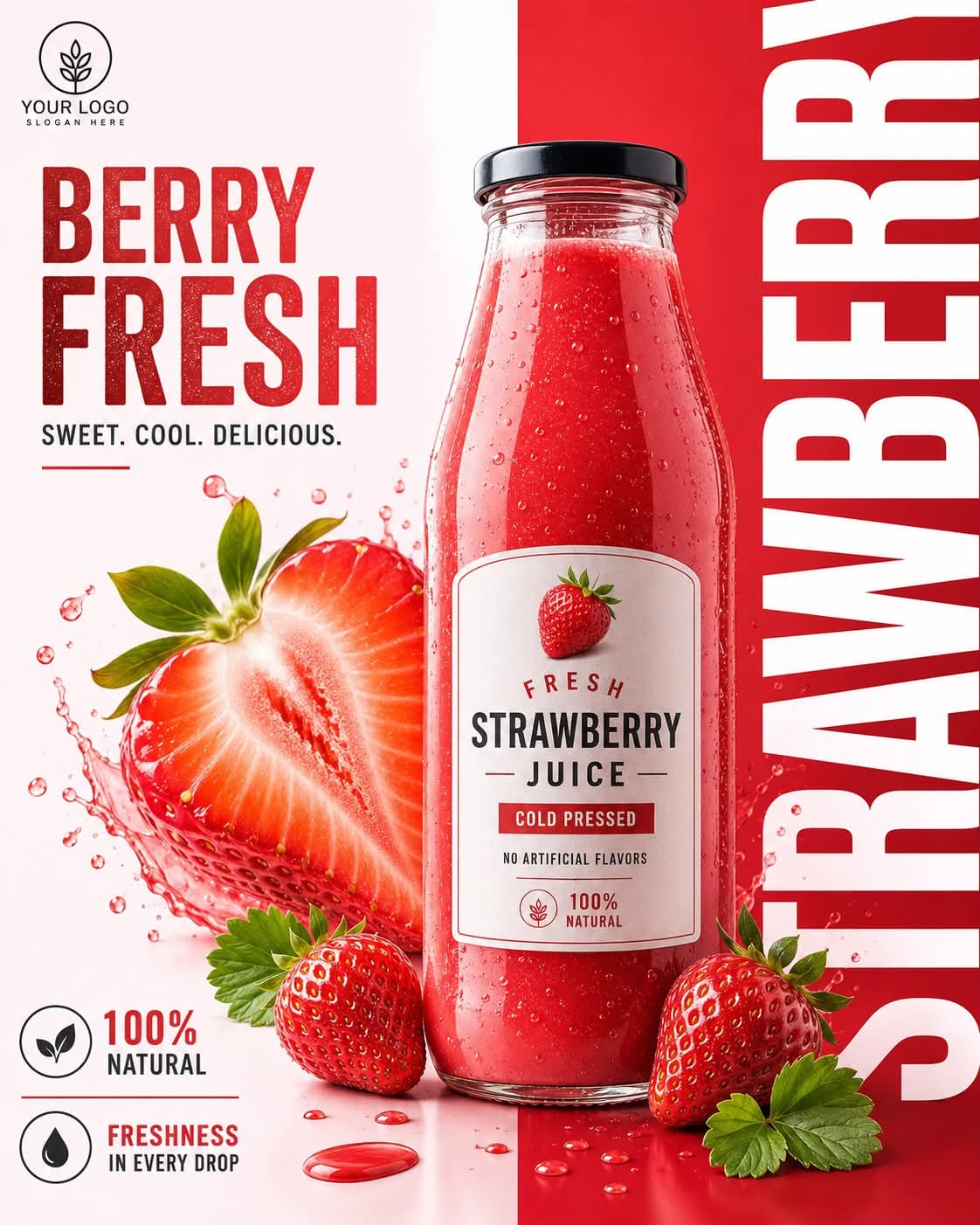 高端草莓汁商业产品广告海报 / Premium Strawberry Juice Commercial Poster,人像与摄影,人像、海报、插画,案例输出图 1