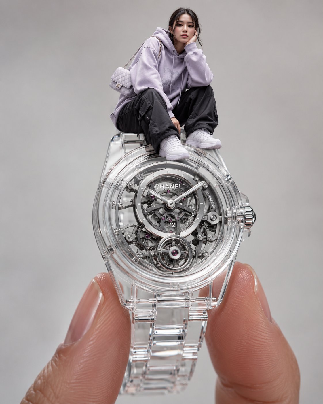 坐在巨大透明腕表上的时尚女性 / Stylish Woman On Giant Transparent Luxury Watch Illusion,人像与摄影,人像、时尚、产品图,案例输出图 1