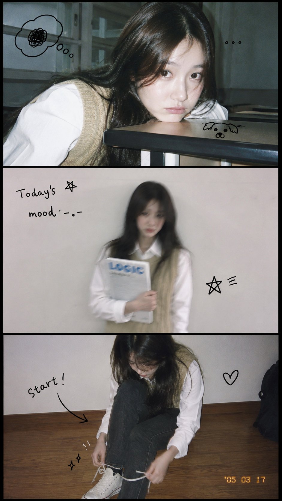 垂直三格校园胶片感长发女孩 / Vertical 3 Panel College Photo Strip Korean Aesthetic,人像与摄影,35mm、人像、竖版,案例输出图 1