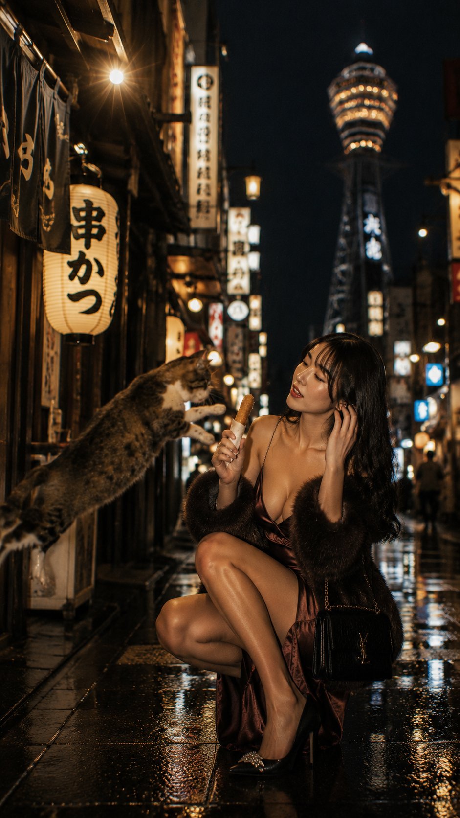 大阪小巷电影感街拍女性与猫 / Cinematic Osaka Street Photography Woman Cat,人像与摄影,35mm、霓虹、人像,案例输出图 1