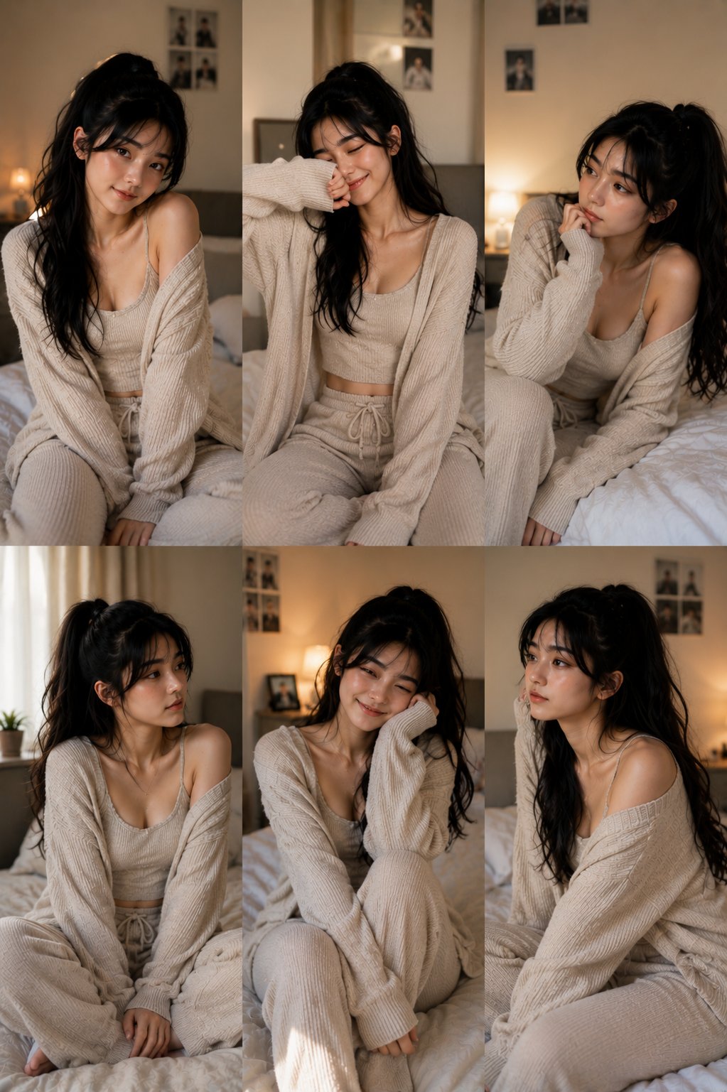 韩系简约卧室居家女性写真拼贴 / Korean Lifestyle Bedroom Portrait Collage，人像与摄影，人像、电影感、时尚，案例输出图 2