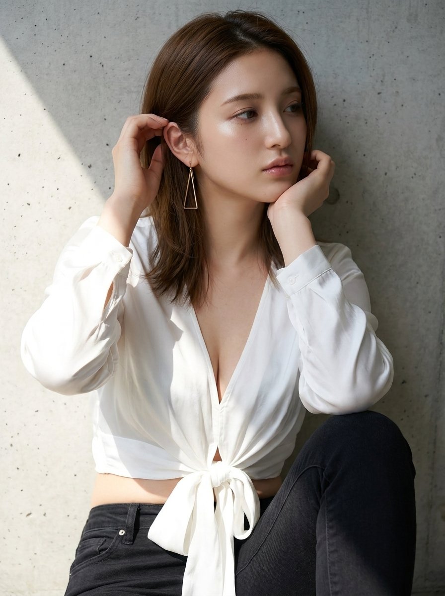 白衬衫黑牛仔裤亚裔少女特写 / Professional Asian Girl Portrait White Blouse Concrete Wall,人像与摄影,人像、人像与摄影,案例输出图 1
