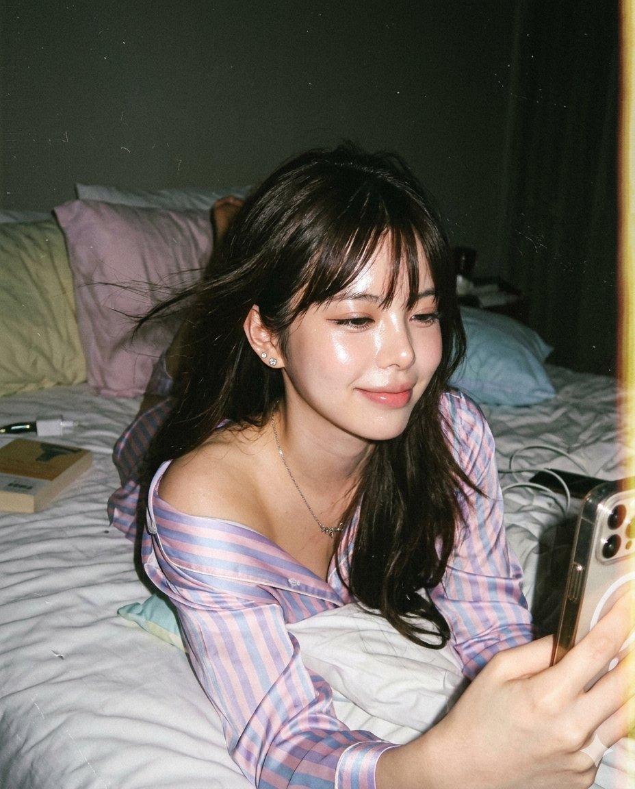 90年代一次性相机床照自拍 / 90s Disposable Camera Bed Selfie Candid Snapshot,人像与摄影,35mm、人像、电影感,案例输出图 1