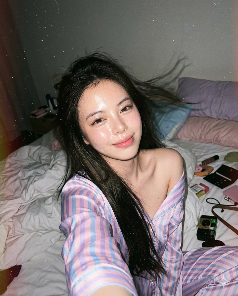 90年代一次性相机床照自拍 / 90s Disposable Camera Bed Selfie Candid Snapshot，人像与摄影，35mm、人像、电影感，案例输出图 2
