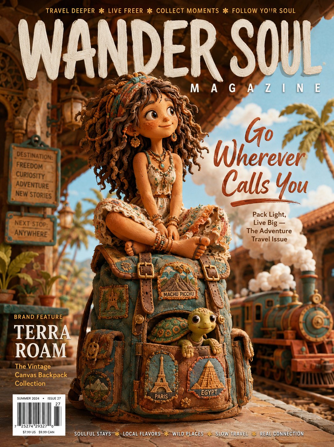 波西米亚风格黏土动画旅行女孩 / Claymation Boho Girl Travel Backpack,海报与插画,时尚、海报、插画,案例输出图 1