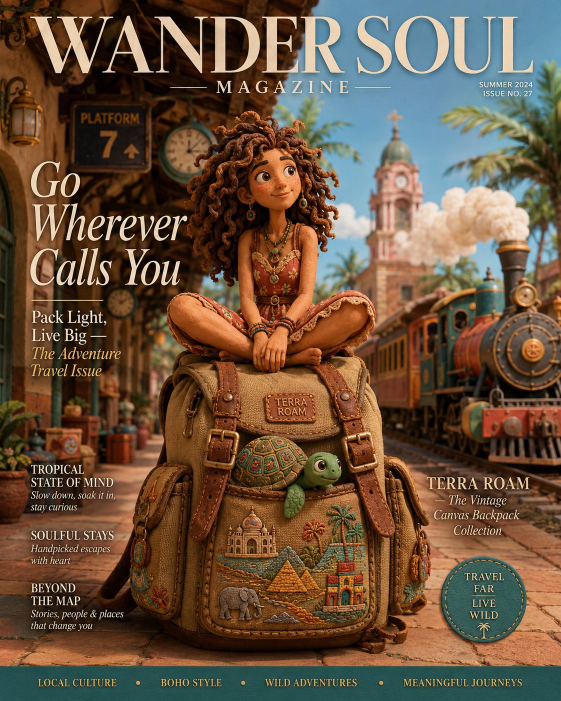 波西米亚风格黏土动画旅行女孩 / Claymation Boho Girl Travel Backpack，海报与插画，时尚、海报、插画，案例输出图 2