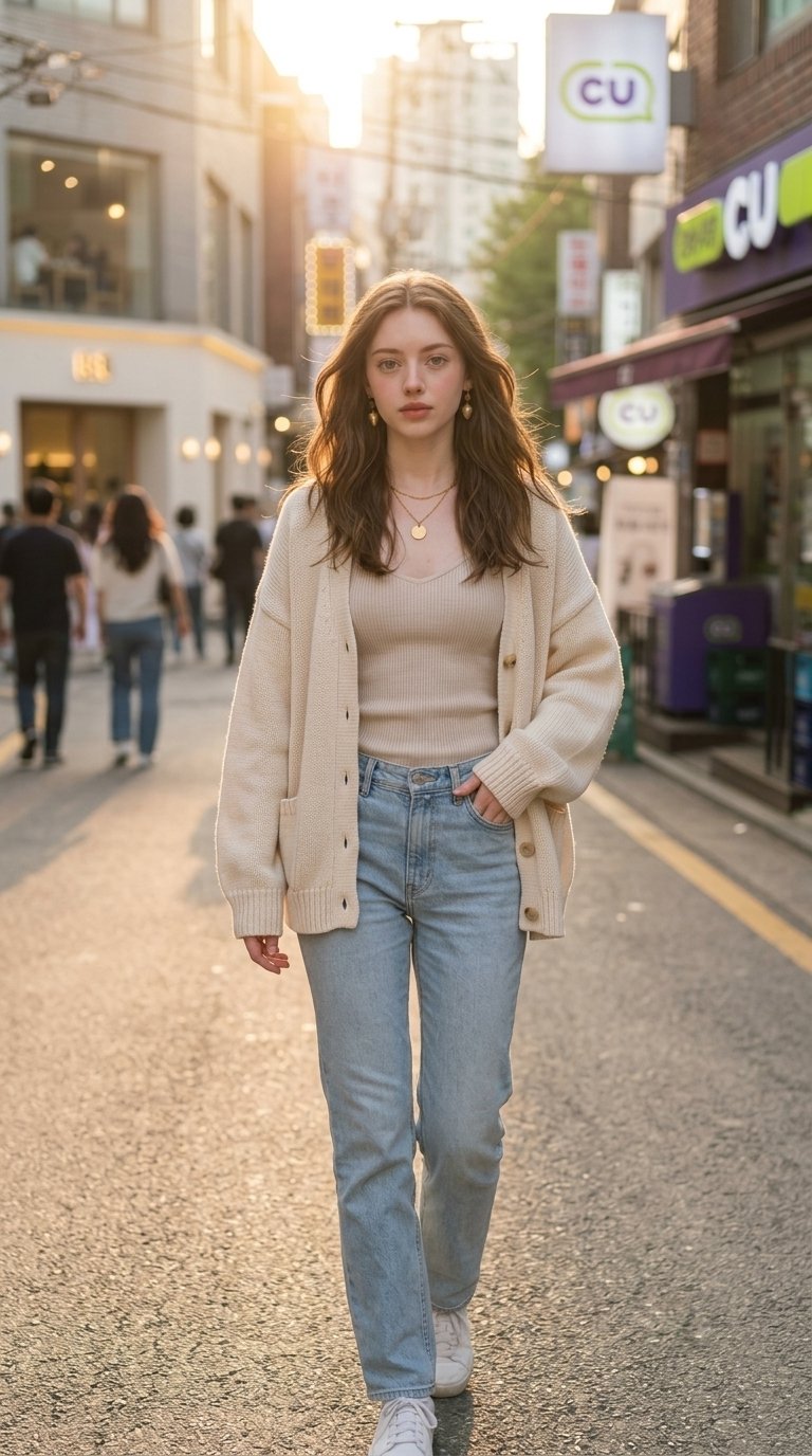 超写实韩系休闲少女电影感写真 / Ultra Realistic Korean Girl Cinematic Portrait，人像与摄影，霓虹、人像、电影感，案例输出图 2