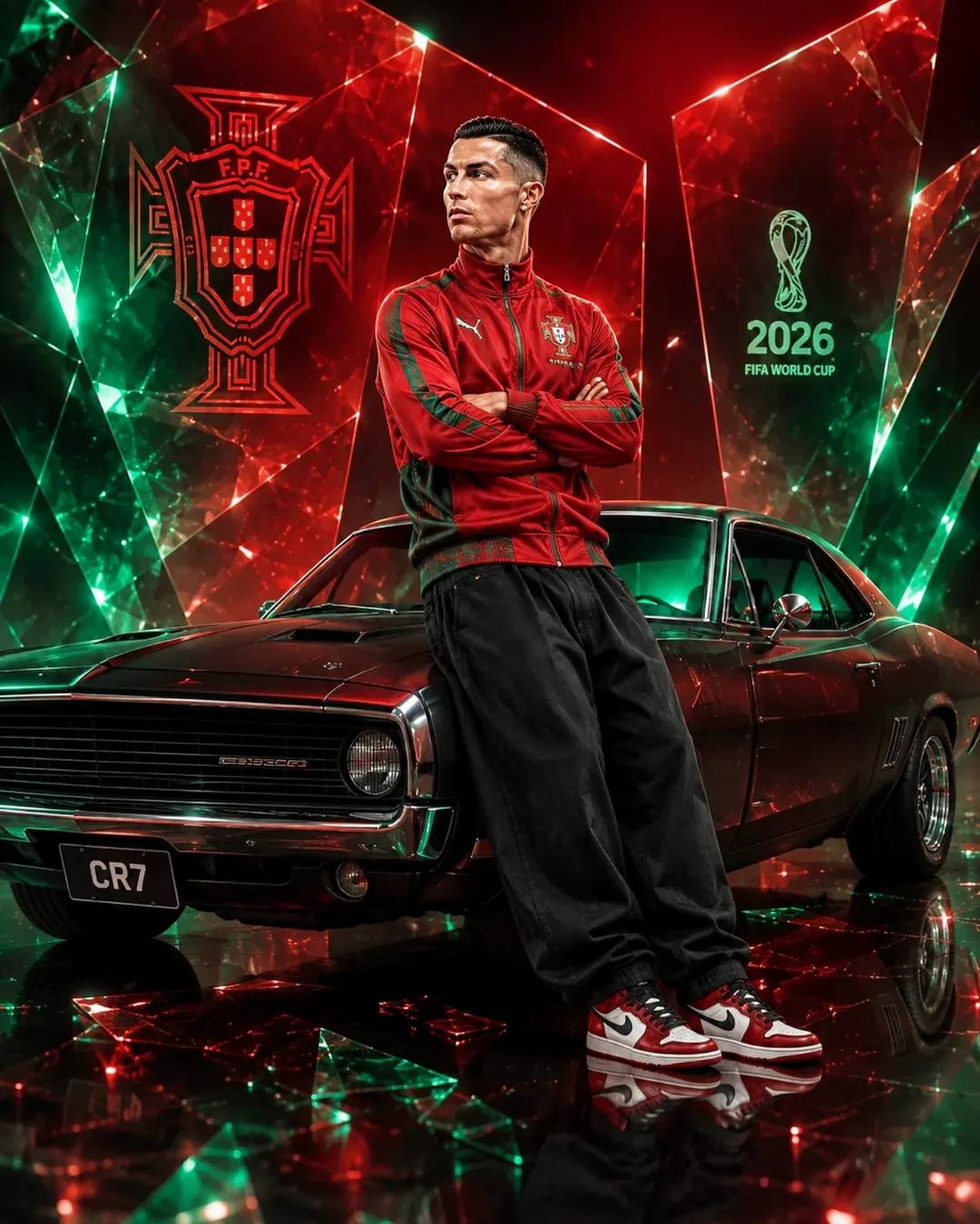 葡萄牙传奇球星与经典肌肉车时尚大片 / Legendary Portuguese Footballer Muscle Car Fifa 2026,人像与摄影,霓虹、人像、电影感,案例输出图 1