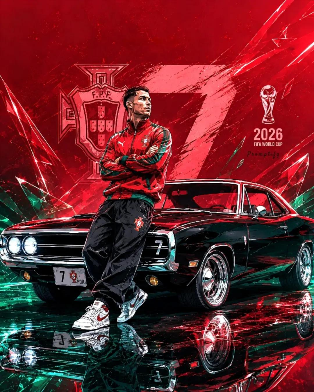 葡萄牙传奇球星与经典肌肉车时尚大片 / Legendary Portuguese Footballer Muscle Car Fifa 2026，人像与摄影，霓虹、人像、电影感，案例输出图 2