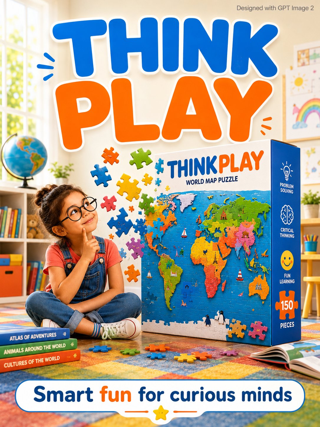 好奇女孩与巨大拼图教育海报 / Educational Kids Advertisement Thinkplay Puzzle,人像与摄影,人像、海报、城市视觉,案例输出图 1