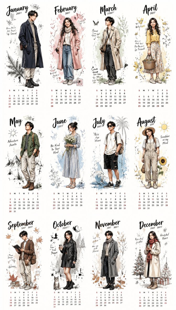 2027年韩系手绘插画风格桌面台历 / Korean Illustration 2027 Calendar Prompt,角色设计,插画、角色、竖版,案例输出图 1
