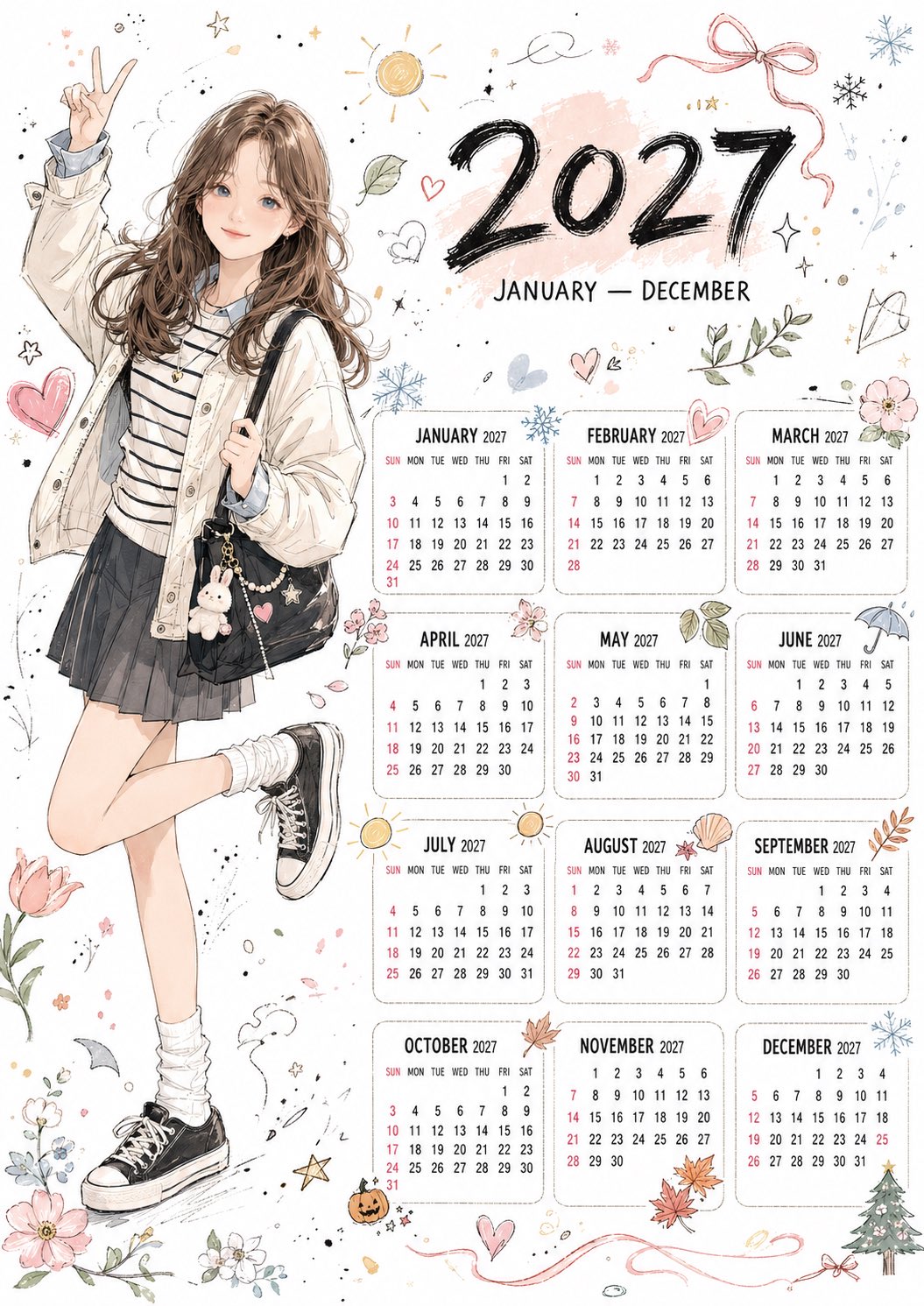 2027年韩系手绘插画风格桌面台历 / Korean Illustration 2027 Calendar Prompt，角色设计，插画、角色、竖版，案例输出图 2