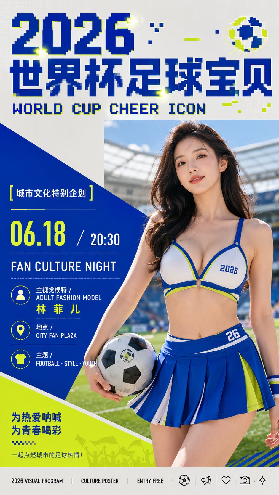 2026世界杯足球宝贝文化海报视觉 / 2026 World Cup Soccer Girl Cultural Poster Visual,角色设计,人像、海报、角色,案例输出图 1