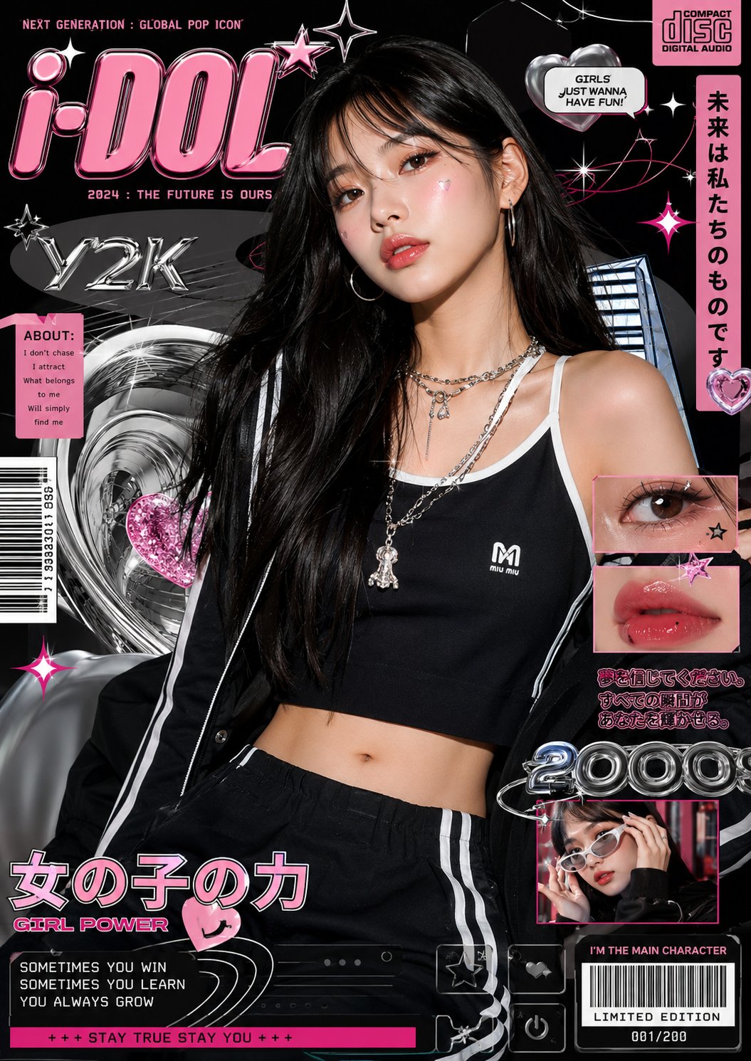 亚裔女性Y2K复古波普奢侈时尚海报 / Y2k Luxury Fashion Editorial Poster Asian Woman,UI 与社交媒体截图,电影感、时尚、海报,案例输出图 1