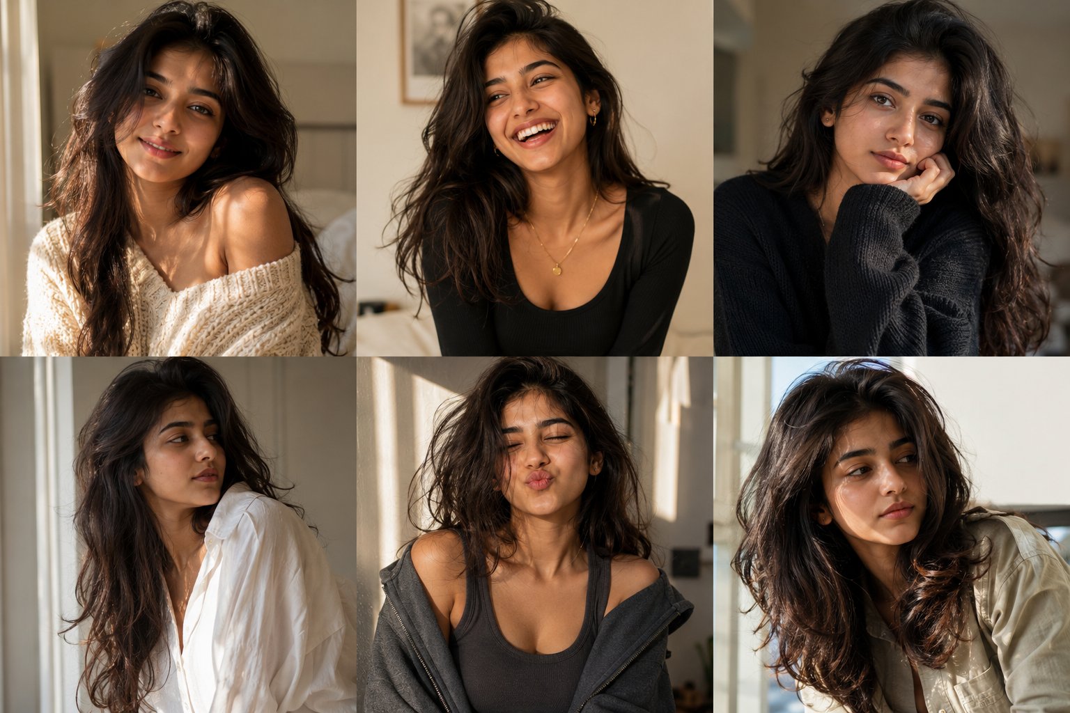 南亚女性生活写真拼贴六宫格人像 / South Asian Woman Lifestyle Portrait Collage，人像与摄影，35mm、人像、时尚，案例输出图 1