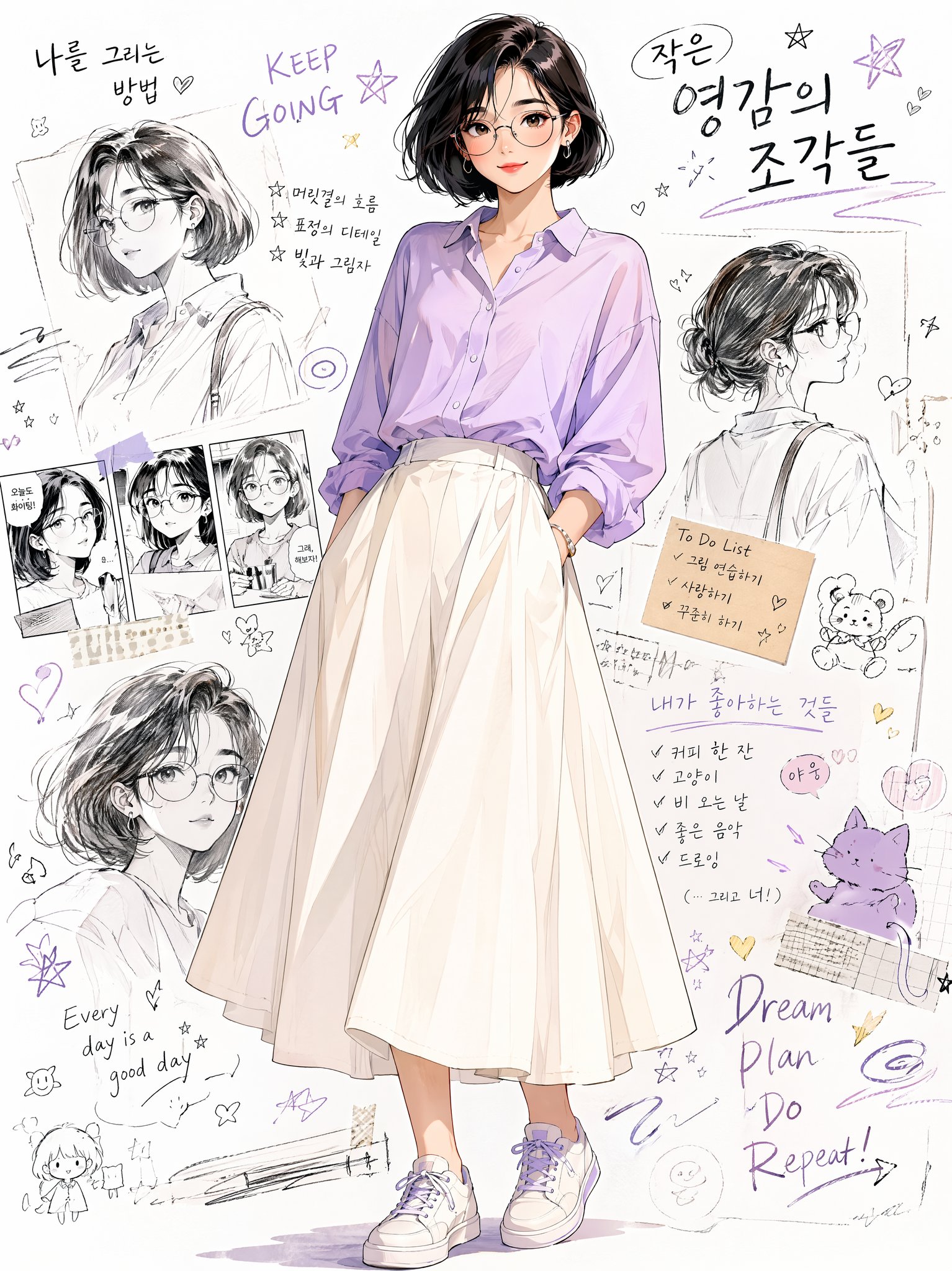 现代韩系动漫时尚插画拼贴背景 / Semi Realistic Anime Korean Woman Fashion Illustration,角色设计,人像、时尚、插画,案例输出图 1