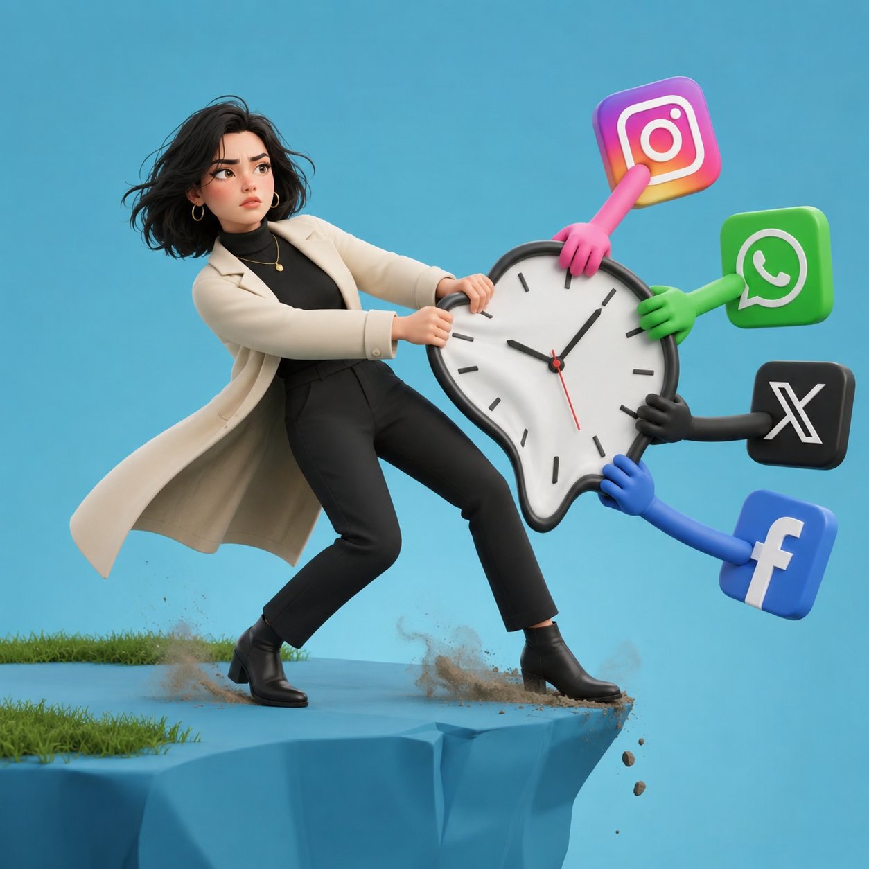 皮克斯风女子与社交媒体图标争夺融化时钟 / 3d Pixar Style Woman Social Media Time Theft,人像与摄影,人像、电影感、插画,案例输出图 1
