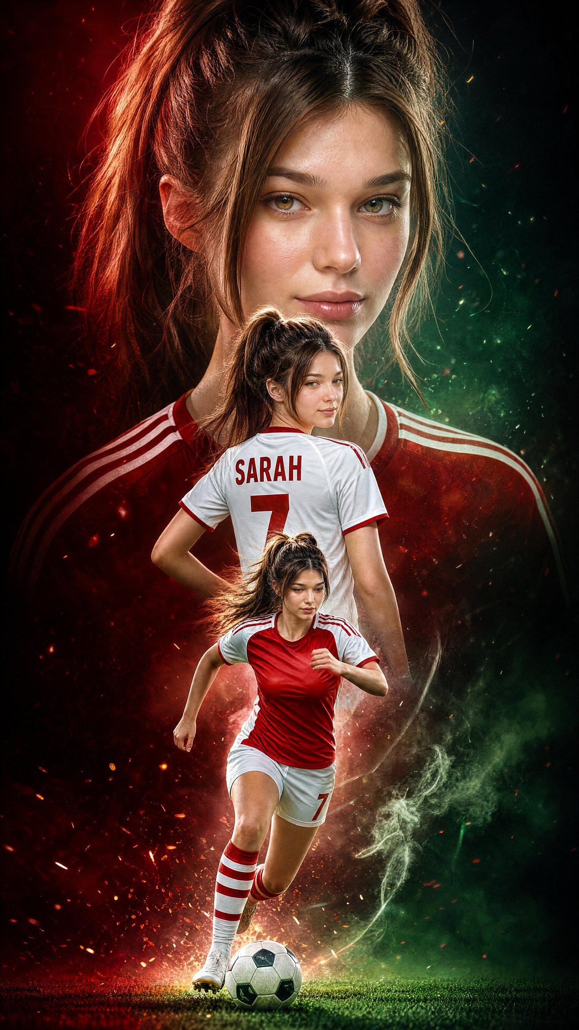 超写实电影级女子足球运动员宣传海报 / Ultra Realistic Cinematic Female Football Poster Triple Exposure,人像与摄影,人像、电影感、海报,案例输出图 1