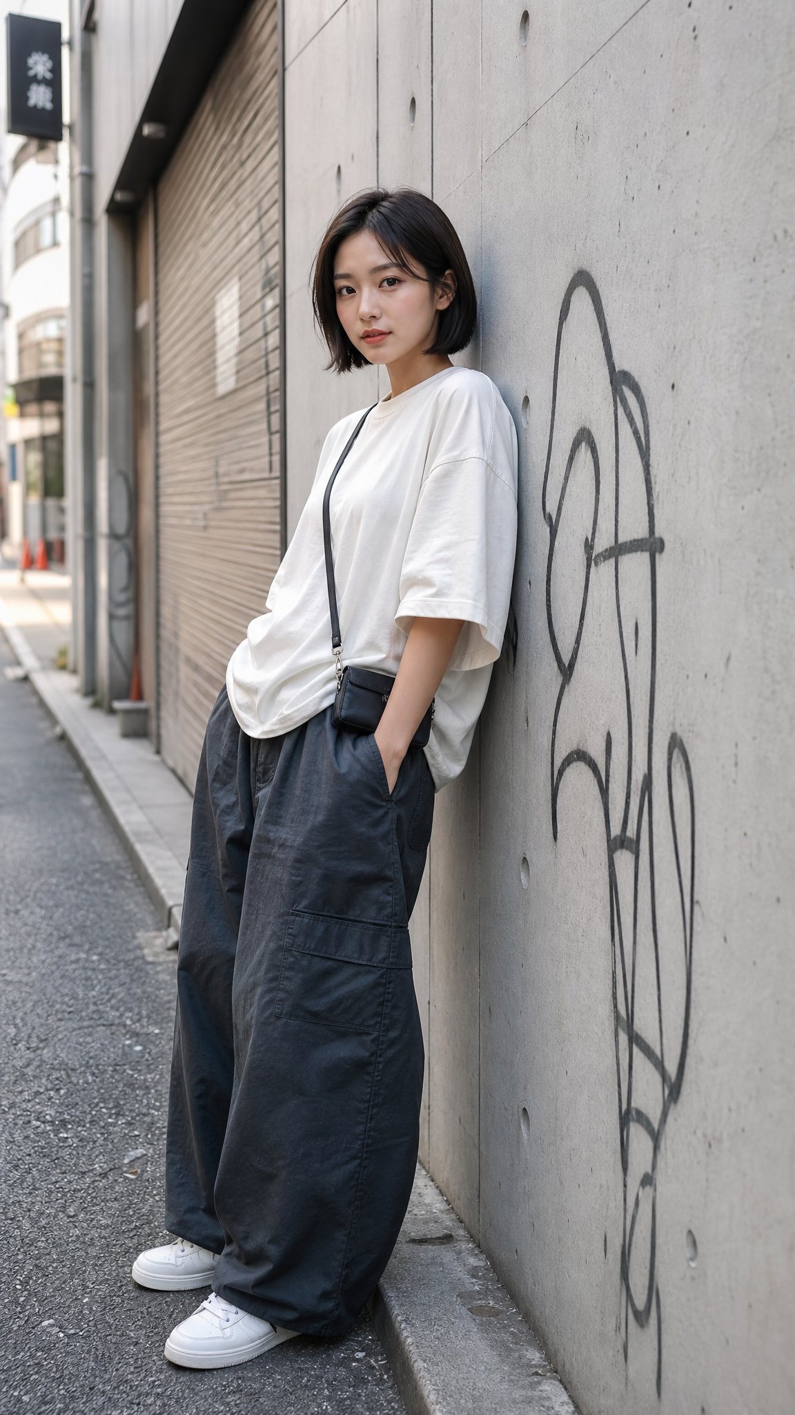 靠墙而立的短发日本女性写实人像 / Young Japanese Woman Short Bob Urban Portrait,人像与摄影,人像、人像与摄影,案例输出图 1