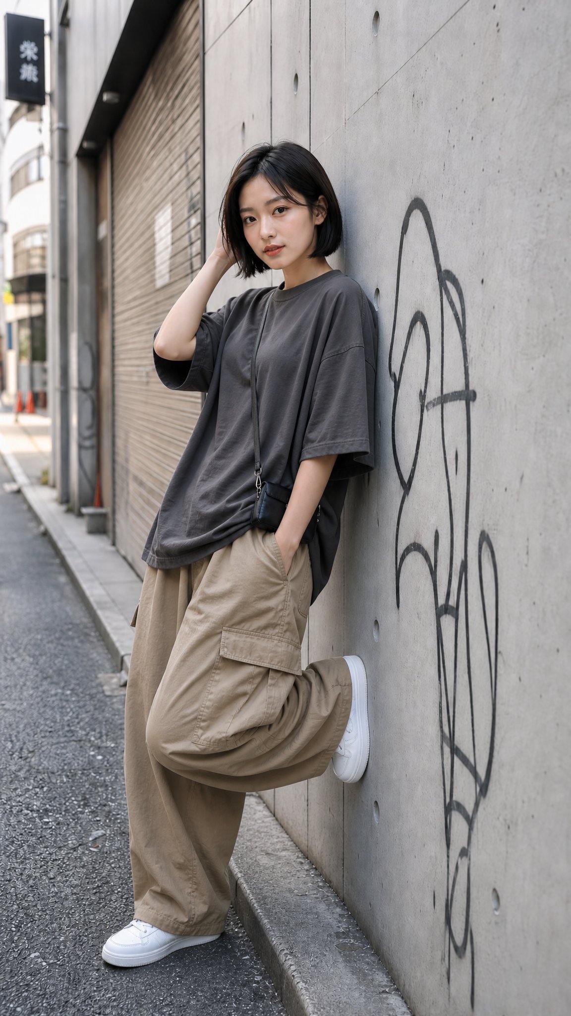 靠墙而立的短发日本女性写实人像 / Young Japanese Woman Short Bob Urban Portrait，人像与摄影，人像、人像与摄影，案例输出图 2