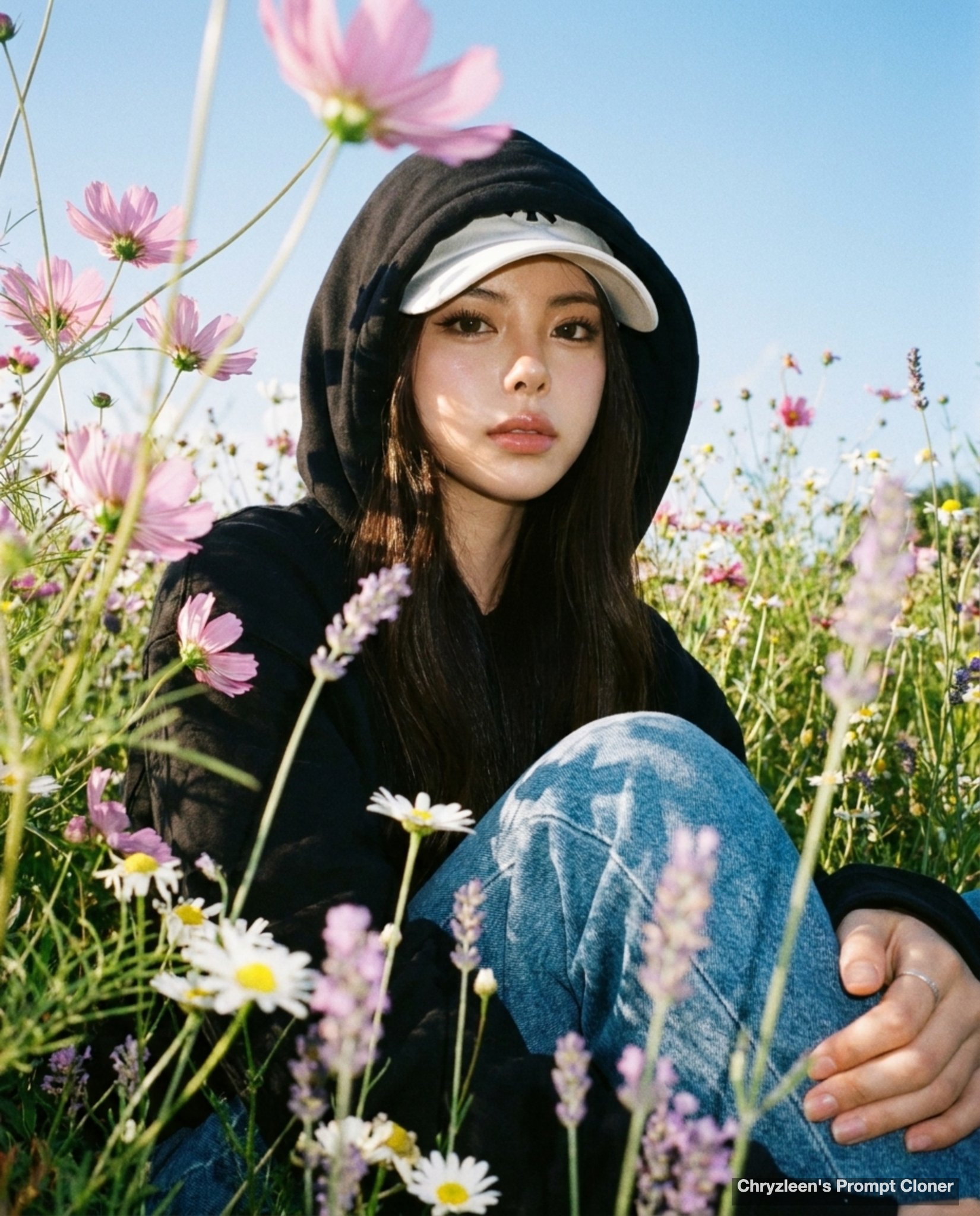 野花丛中仰拍黑色连帽衫少女 / Wildflower Meadow Low Angle Hoodie Portrait,人像与摄影,人像、电影感、时尚,案例输出图 1