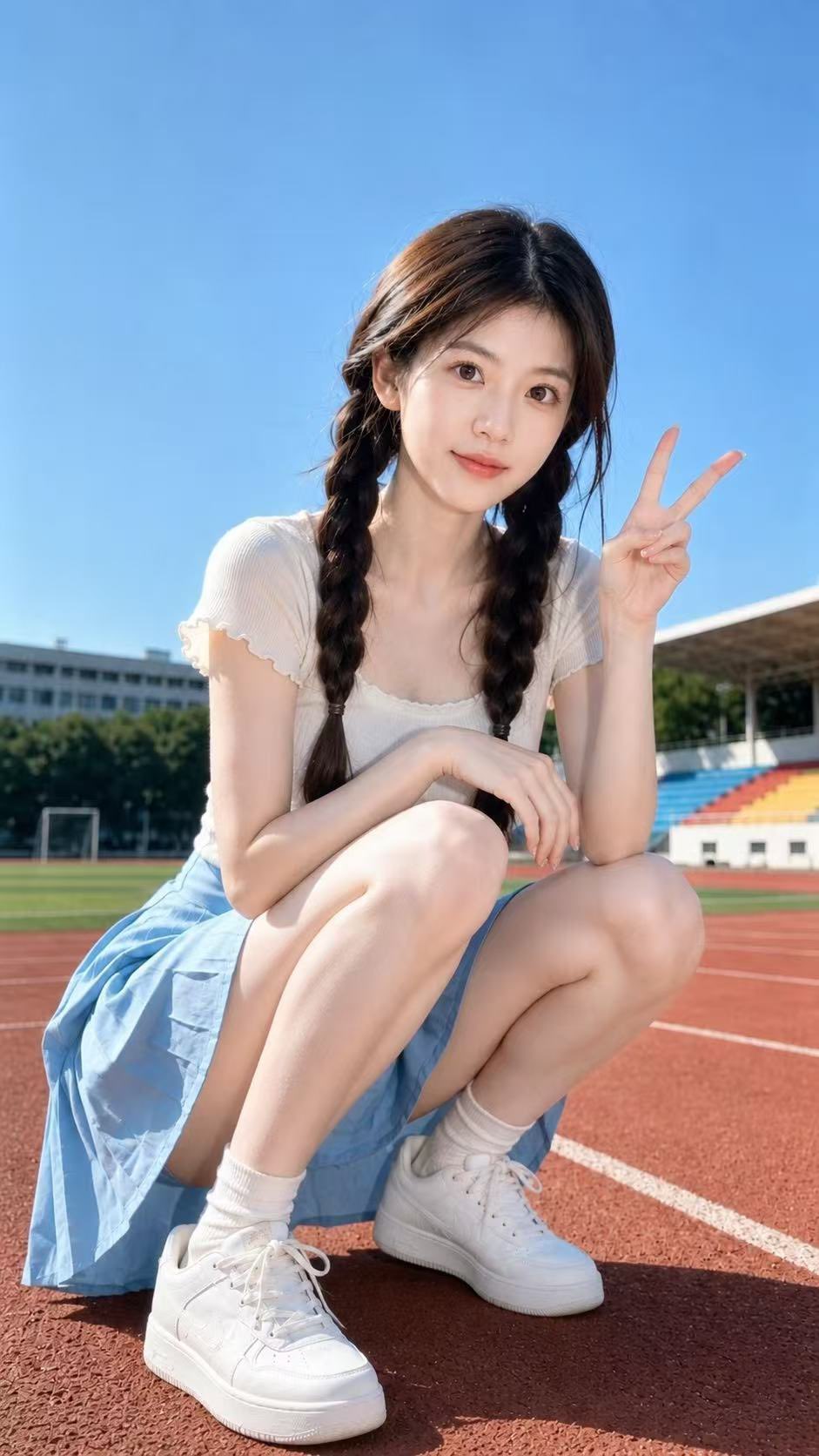 阳光校园体育场写实人像摄影 / Ultra Realistic Sunny Campus Stadium Portrait Prompt，角色设计，人像、电影感、角色，案例输出图 1