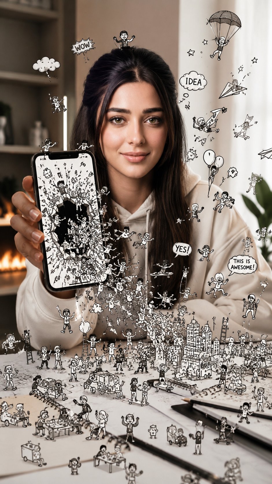 现实与涂鸦交织的手机创意大片 / Reality Meets Doodle Creative Smartphone Photography,角色设计,电影感、时尚、插画,案例输出图 1