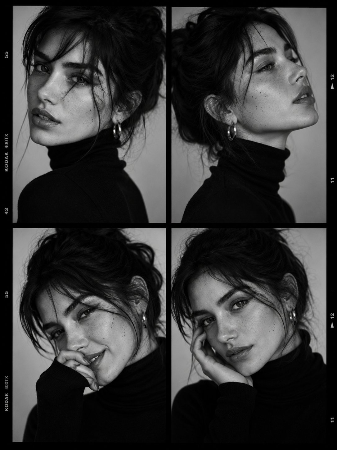 黑白奢华时尚名模试镜四宫格人像 / Black White Luxury Fashion Casting Contact Sheet Portrait,人像与摄影,35mm、人像、电影感,案例输出图 1