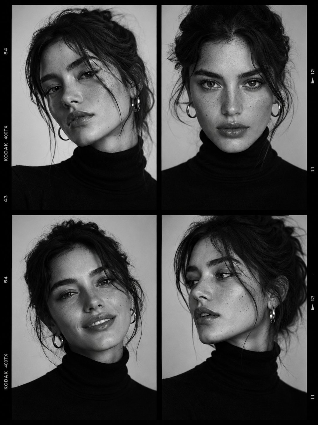 黑白奢华时尚名模试镜四宫格人像 / Black White Luxury Fashion Casting Contact Sheet Portrait，人像与摄影，35mm、人像、电影感，案例输出图 2