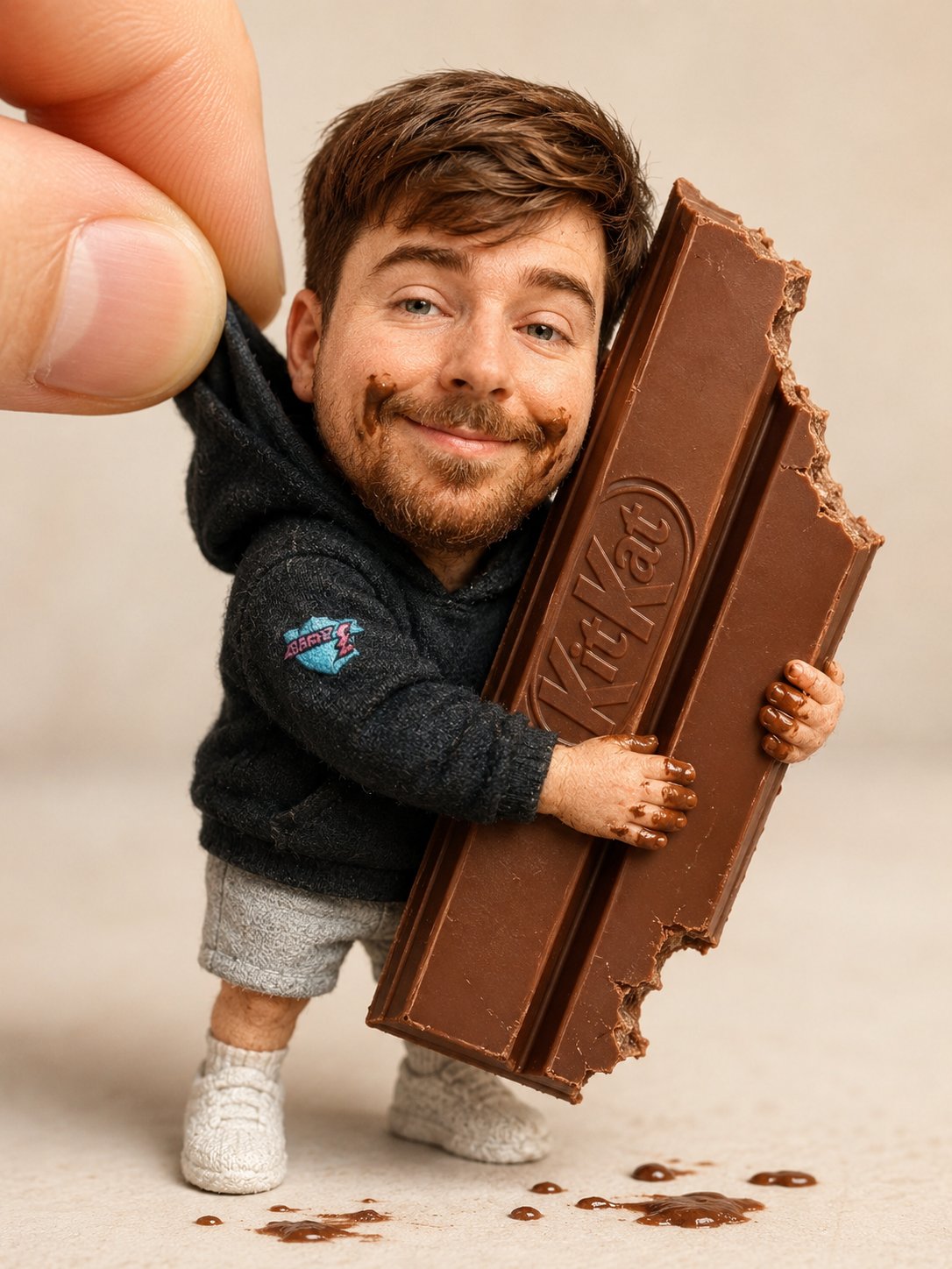 抱巨型巧克力棒的手工人偶提示词 / Handmade Doll Kitkat Collectible Prompt，人像与摄影，人像、极简、人像与摄影，案例输出图 1