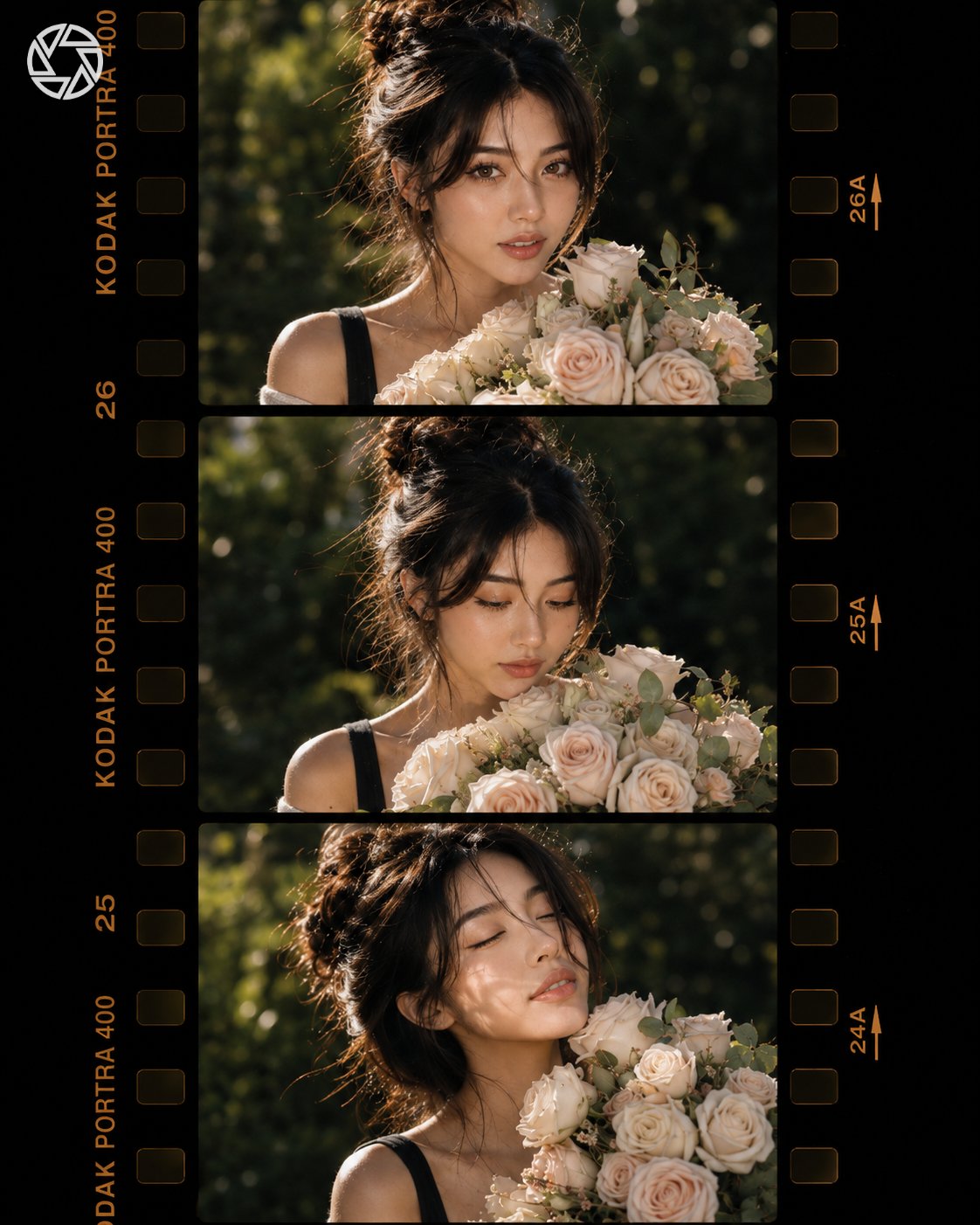 户外持花女性复古胶片联排 / Ultra Realistic Cinematic Contact Sheet Vintage Film,人像与摄影,35mm、人像、电影感,案例输出图 1